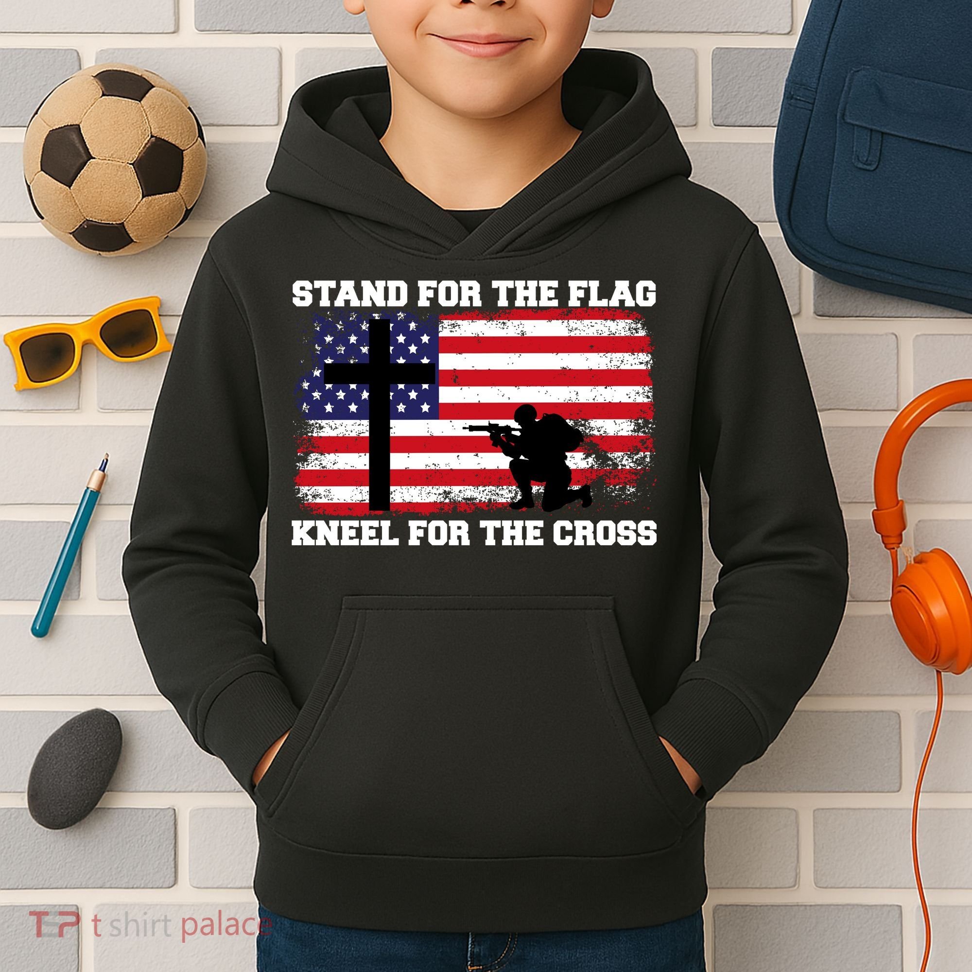 Stand For the Flag Kneel for the Cross USA Army Kids Hoodie