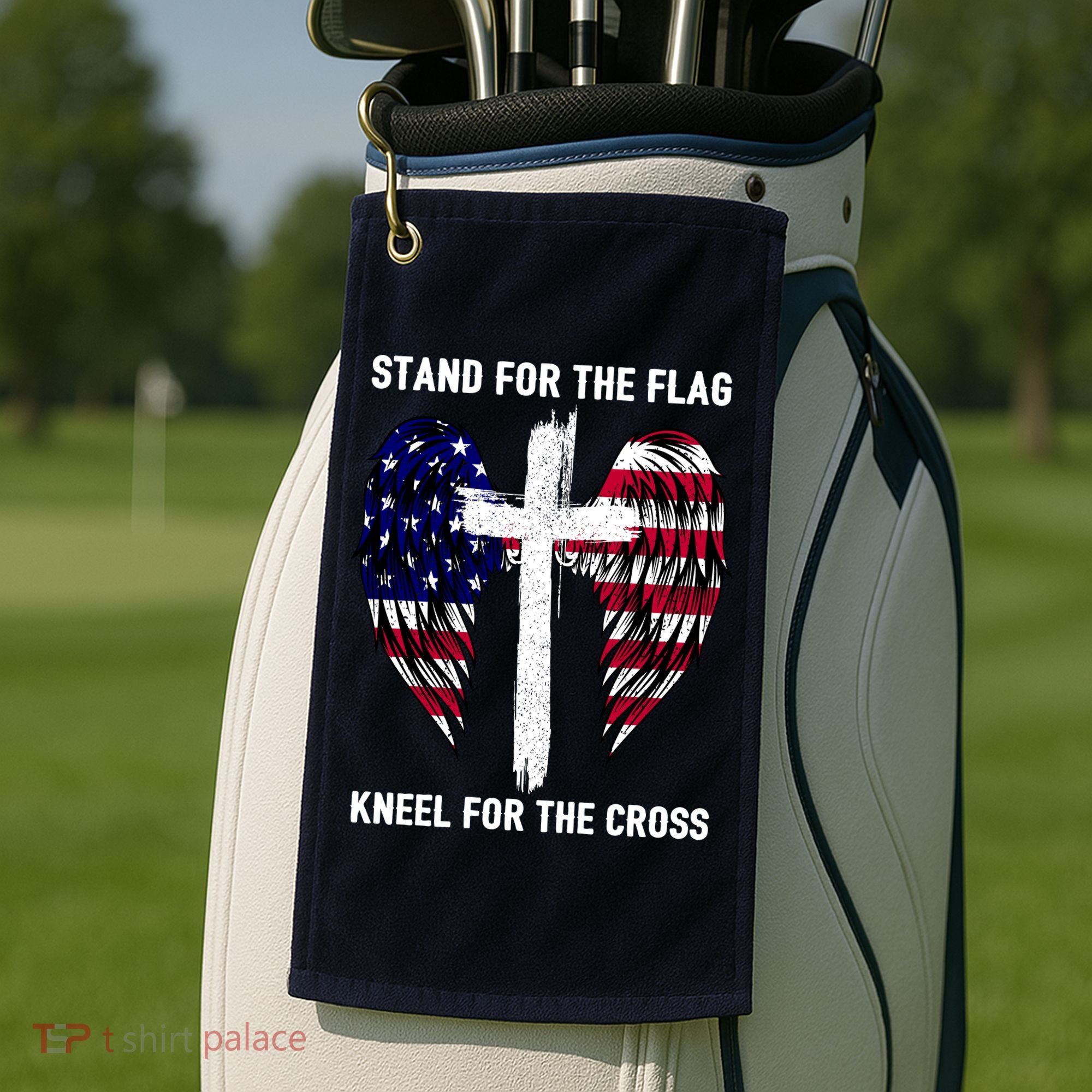 Stand For The Flag Kneel For The Cross USA Eagle Golf Towel