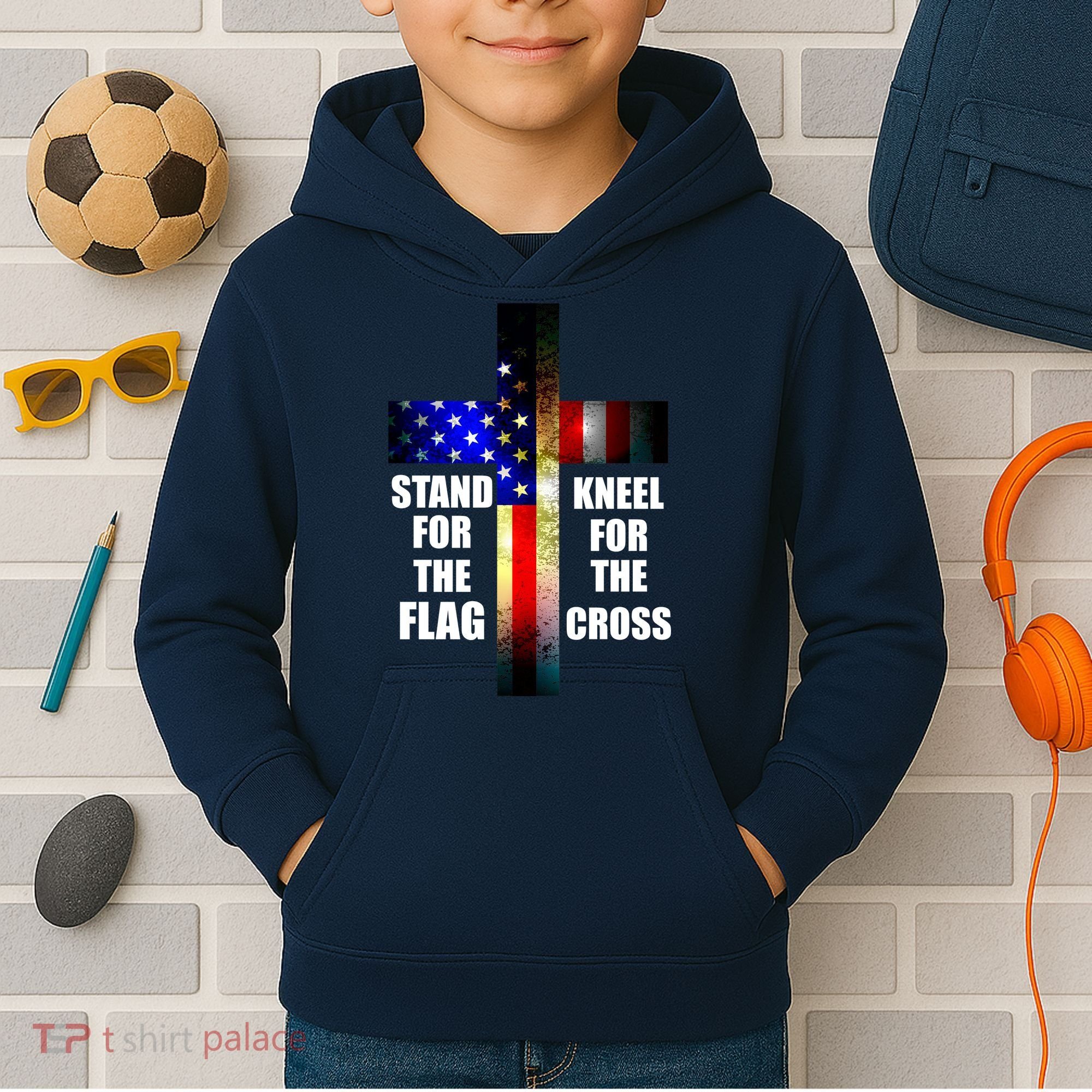 Stand For the Flag Kneel for the Cross USA FLAG Kids Hoodie