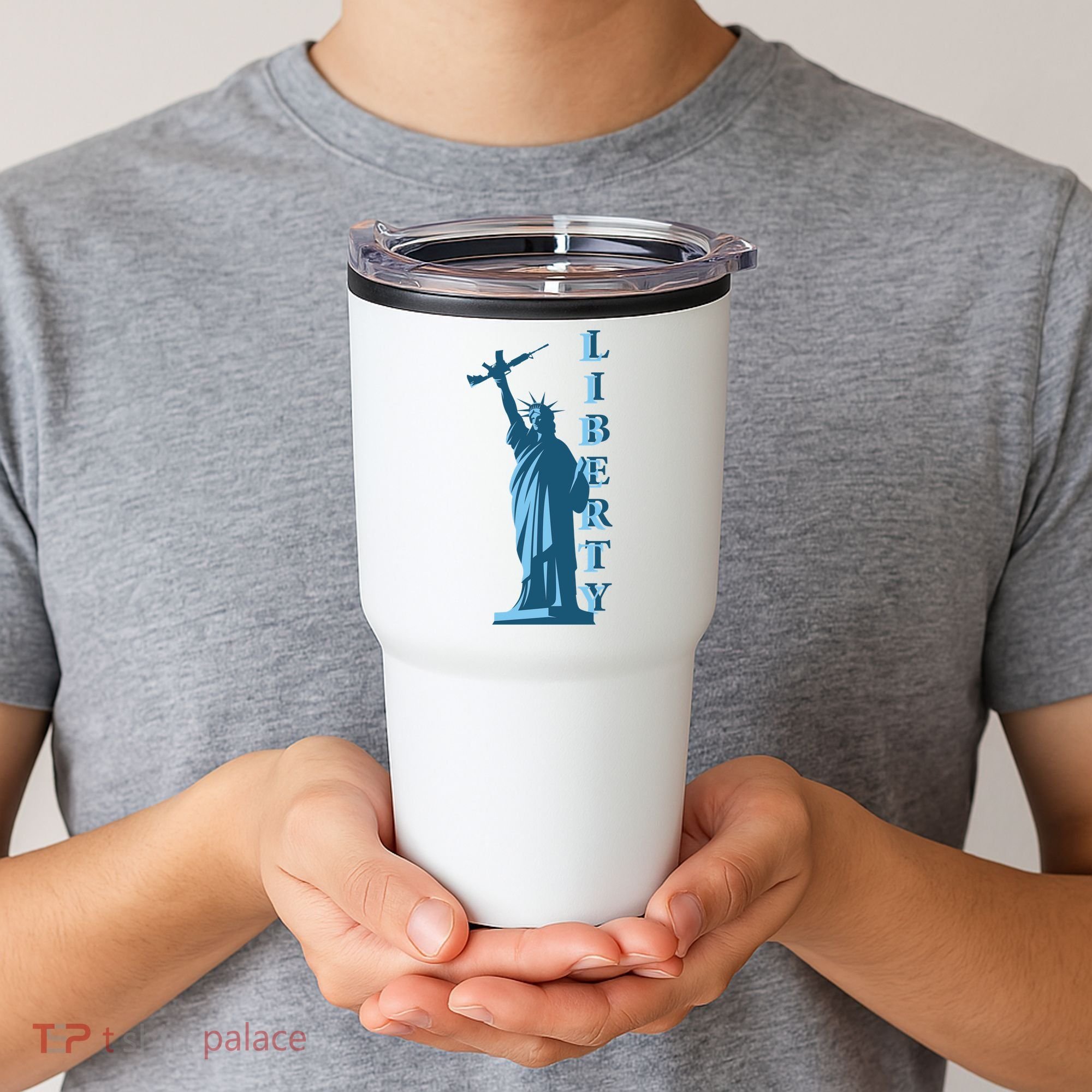 Stature Of Liberty Holding AR-15 Assault Rifle Tumbler