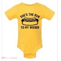 SheS The Bun To My Winer Funny Hotdog Baby Bodysuit thumb 0