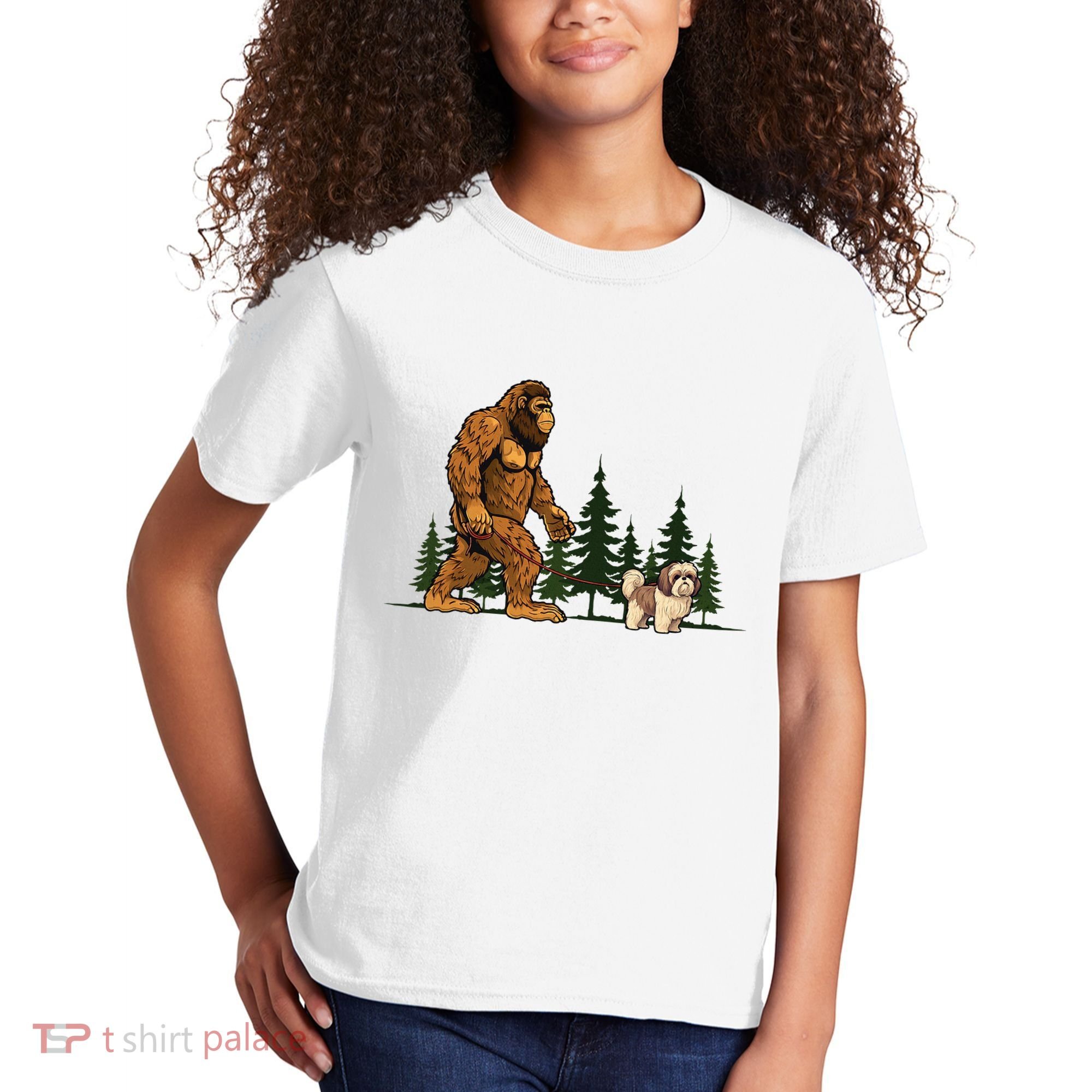 Shih Tzu Bigfoot Dog Walking Dog Mom Dad Kids T-Shirt