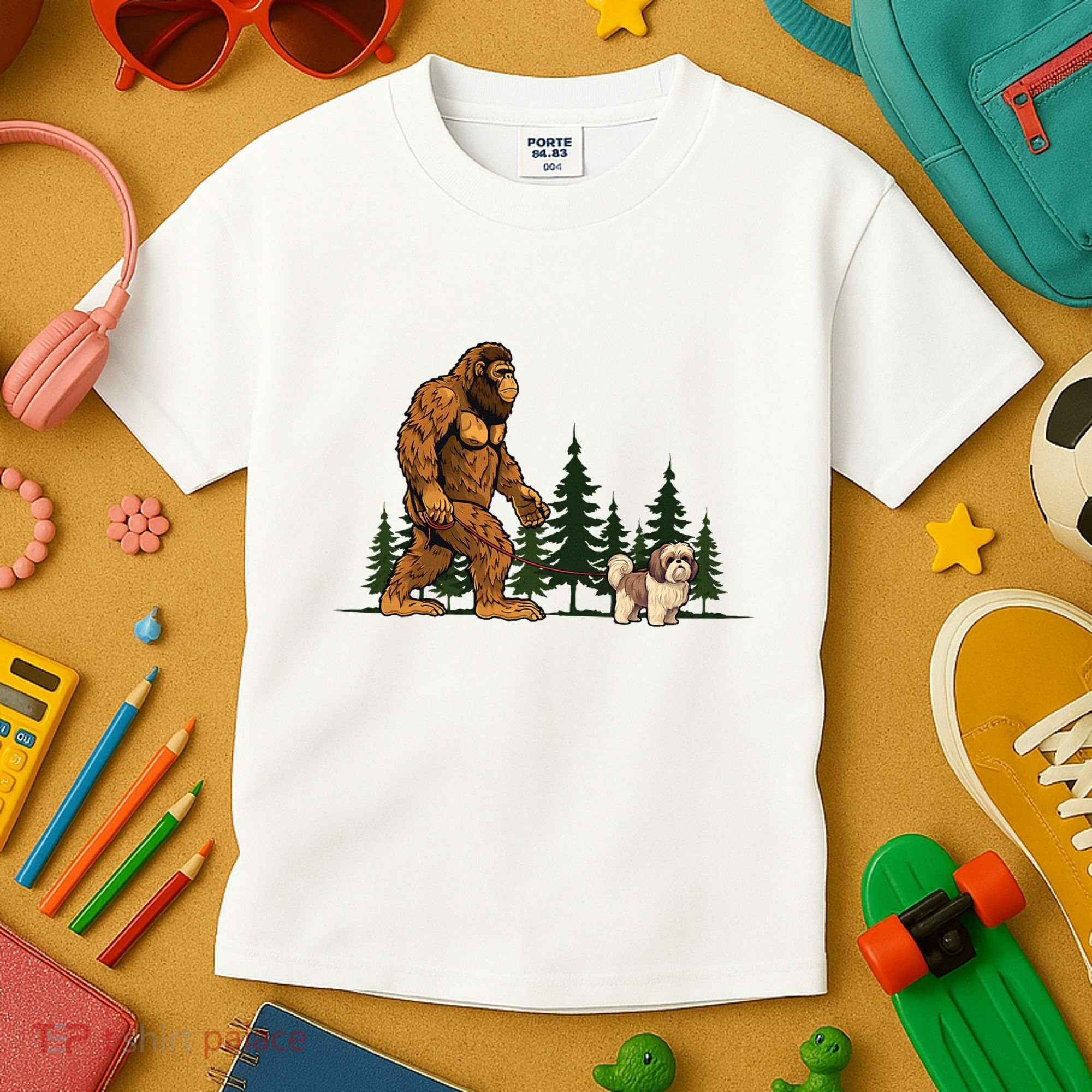 Shih Tzu Bigfoot Dog Walking Dog Mom Dad Kids T-Shirt