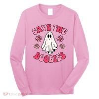 Save The Boobies Breast Cancer Groovy Ghost Long Sleeve Shirt thumb 0