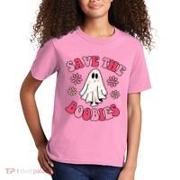 Save The Boobies Breast Cancer Groovy Ghost Kids T-Shirt thumb 2