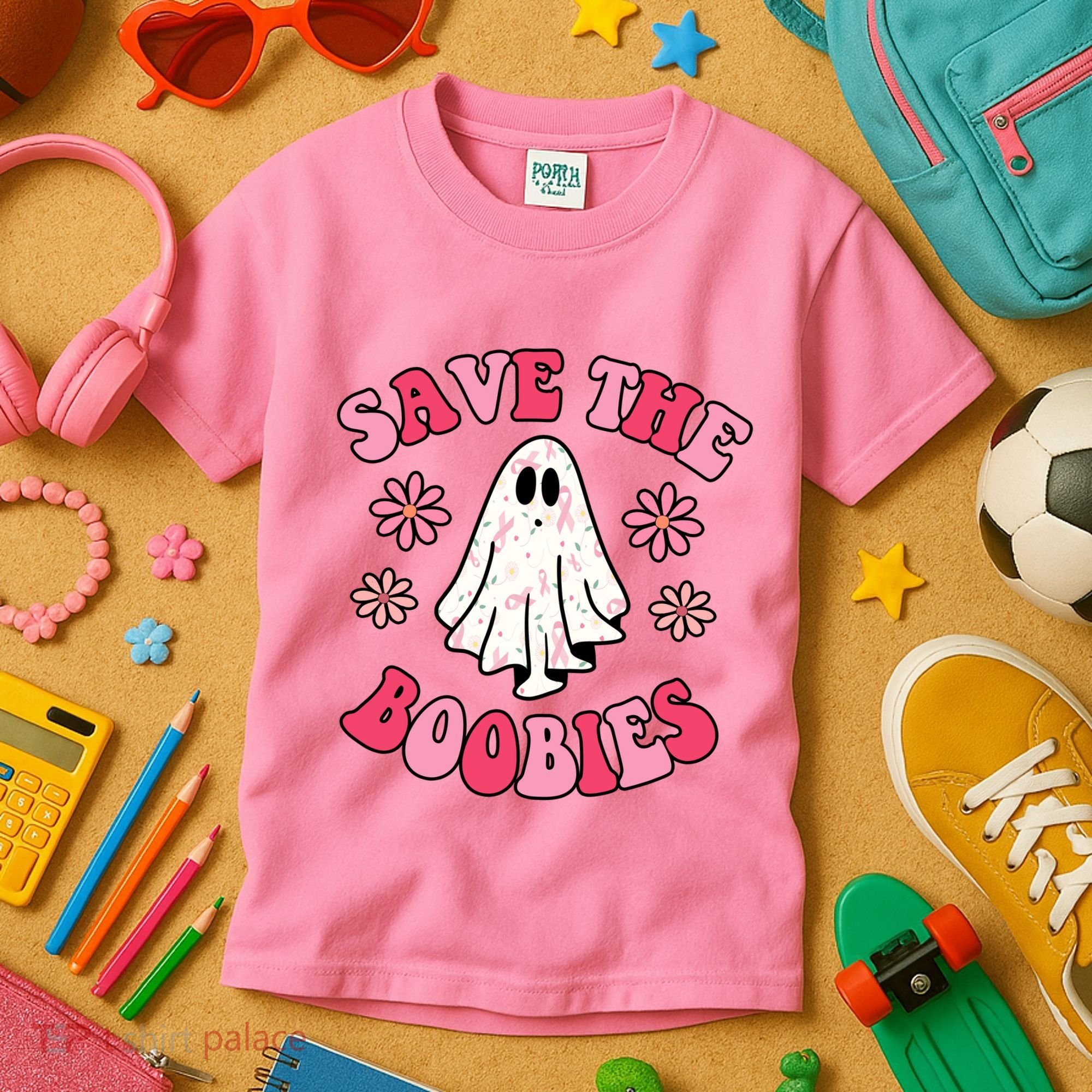 Save The Boobies Breast Cancer Groovy Ghost Kids T-Shirt