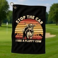 Stop The Car I See A Fluffy Cow Highland Cow Breeder Gift Golf Towel thumb 1
