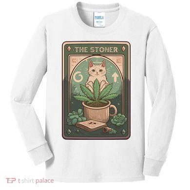 Stoner Tarot Card Cat Lover Funny Cat Kids Long Sleeve Shirt