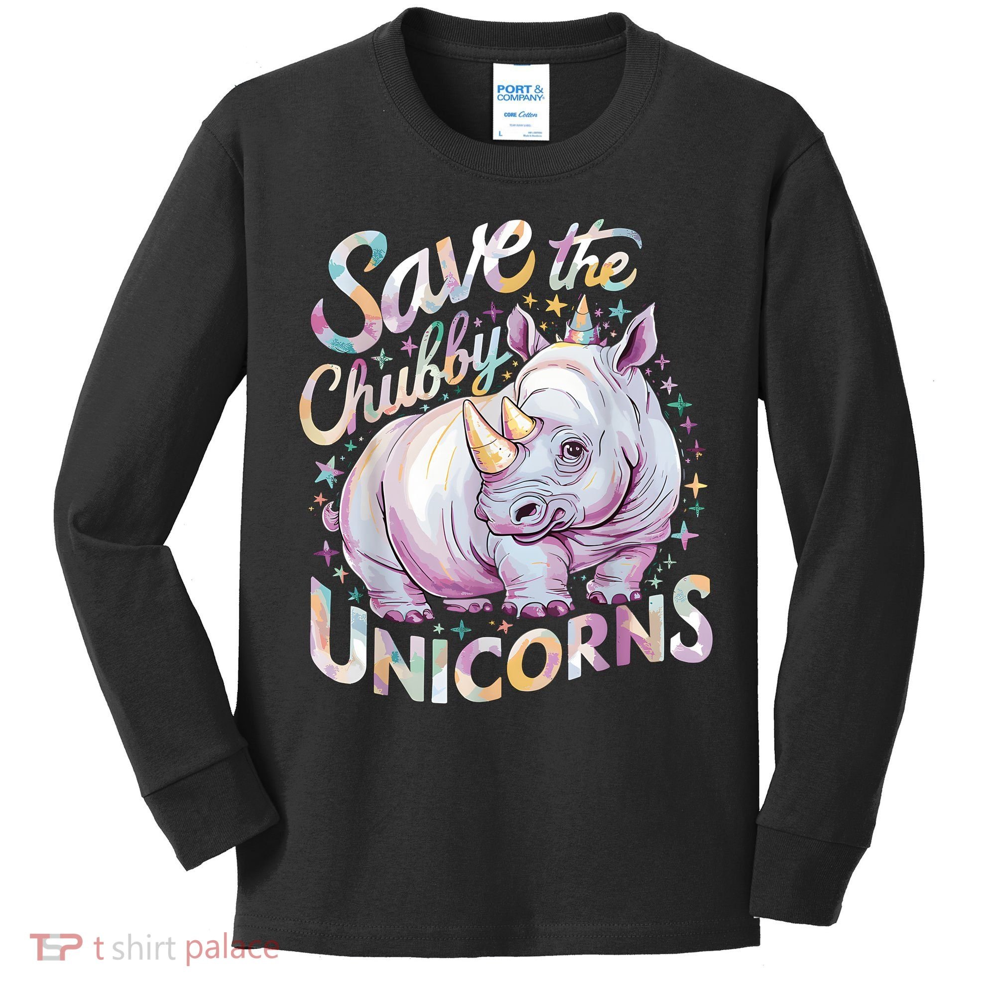Save The Chubby Unicorns Funny Rhino Rhinoceros Kids Long Sleeve Shirt