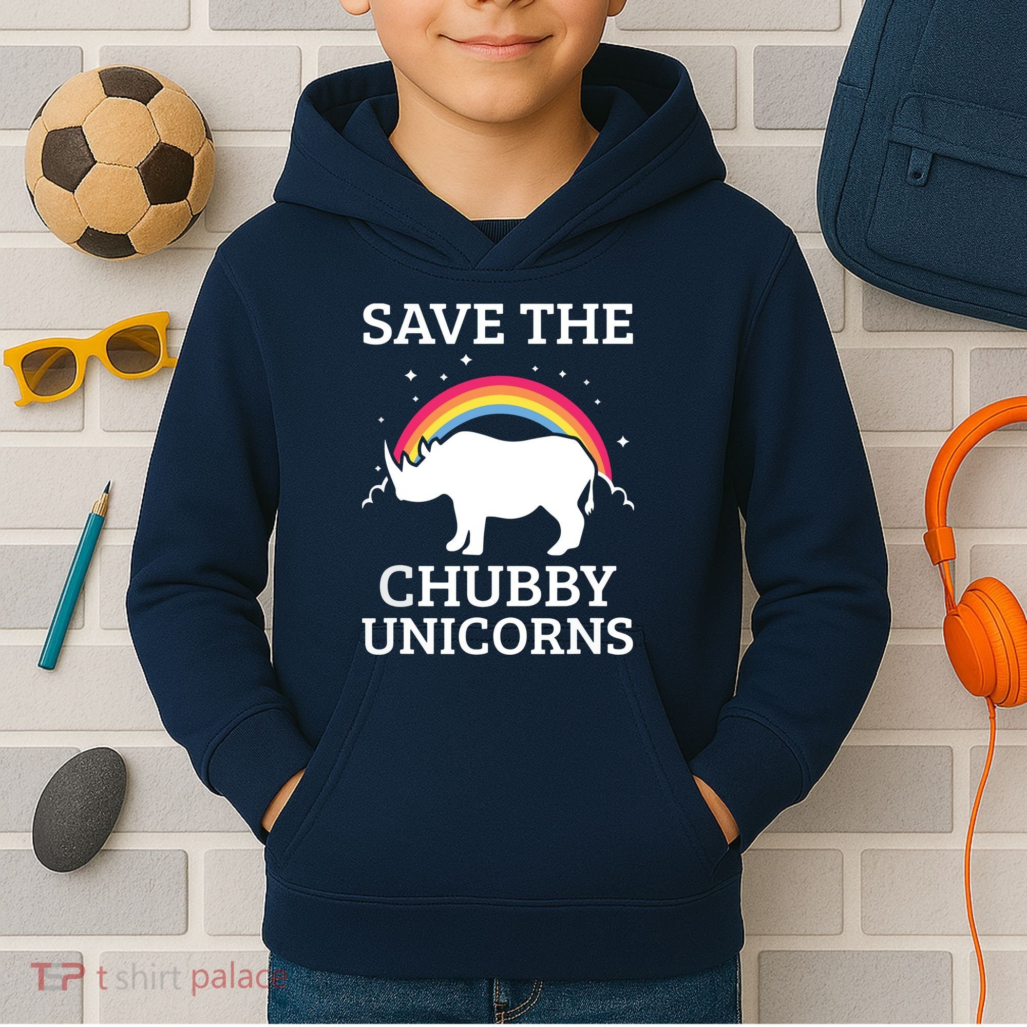 SAVE THE CHUBBY UNICORNS Gift Rhino Conservation Rainbow Kids Hoodie
