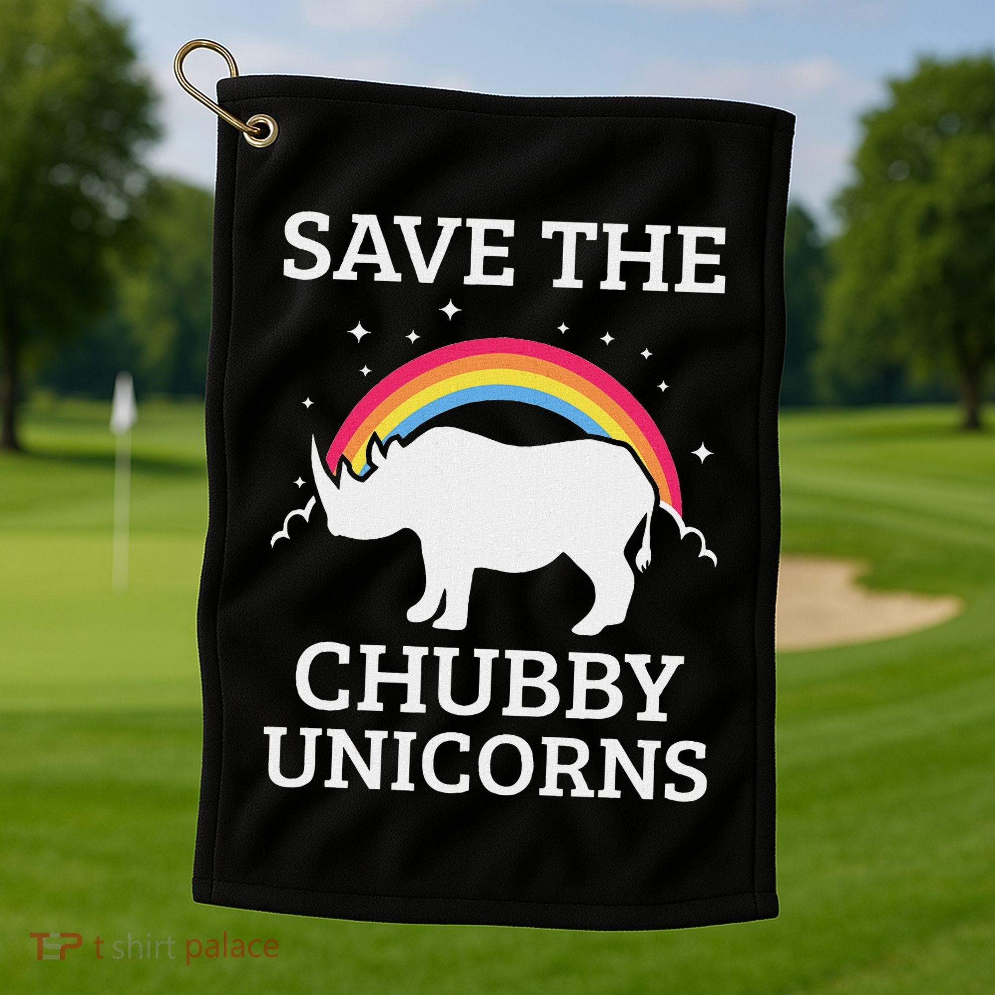 Save The Chubby Unicorns Rhino Rainbow Golf Towel