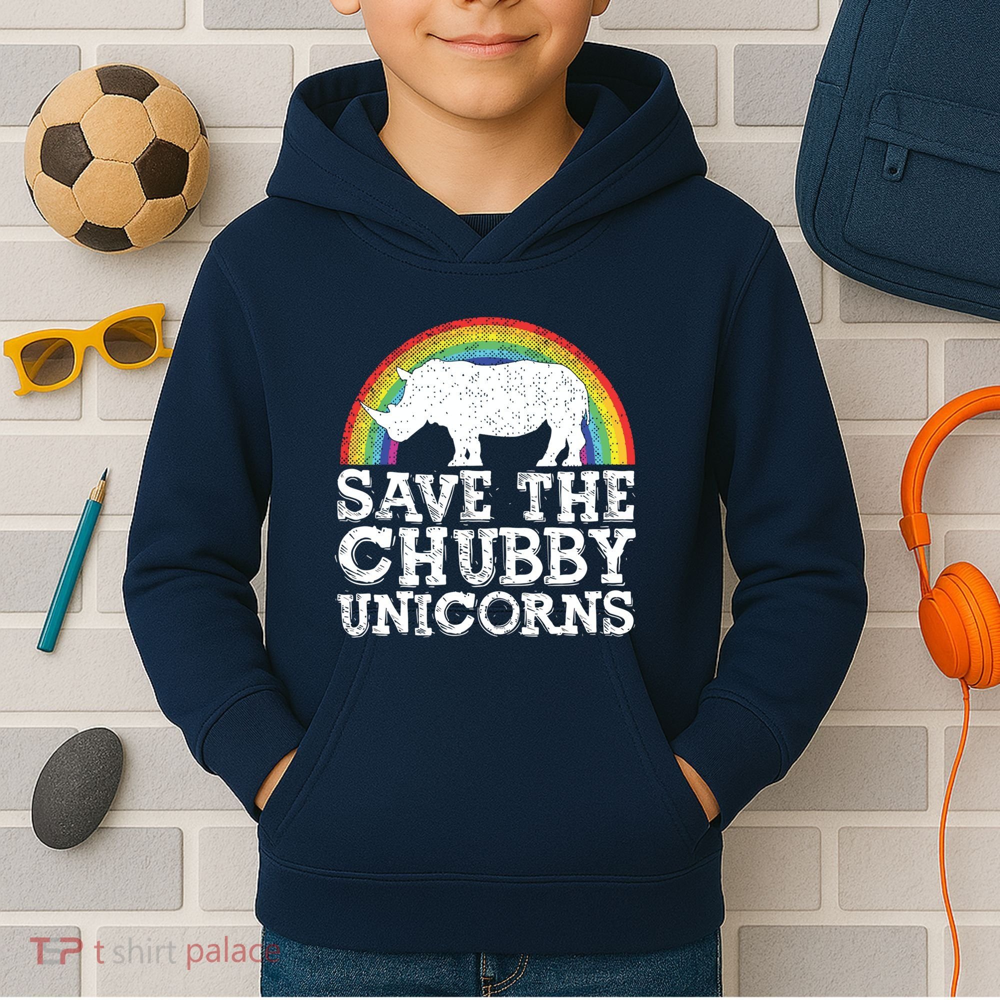 SAVE THE CHUBBY UNICORNS Gift Rhino Conservation Rainbow Kids Hoodie