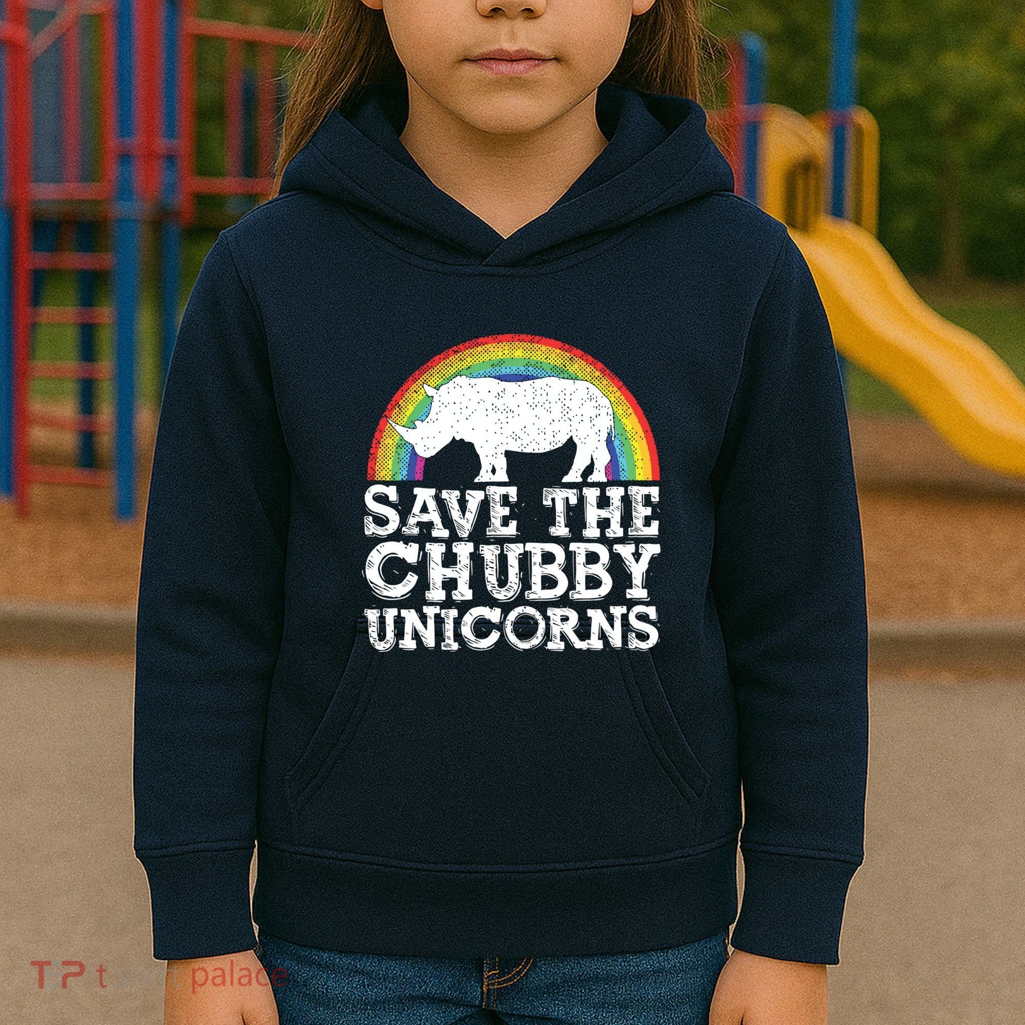 SAVE THE CHUBBY UNICORNS Gift Rhino Conservation Rainbow Kids Hoodie