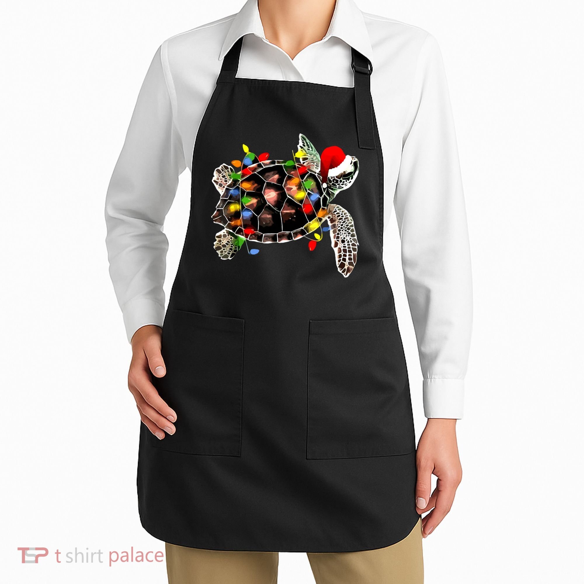 Sea Turtle Christmas Lights Funny Santa Hat Merry Christmas Apron