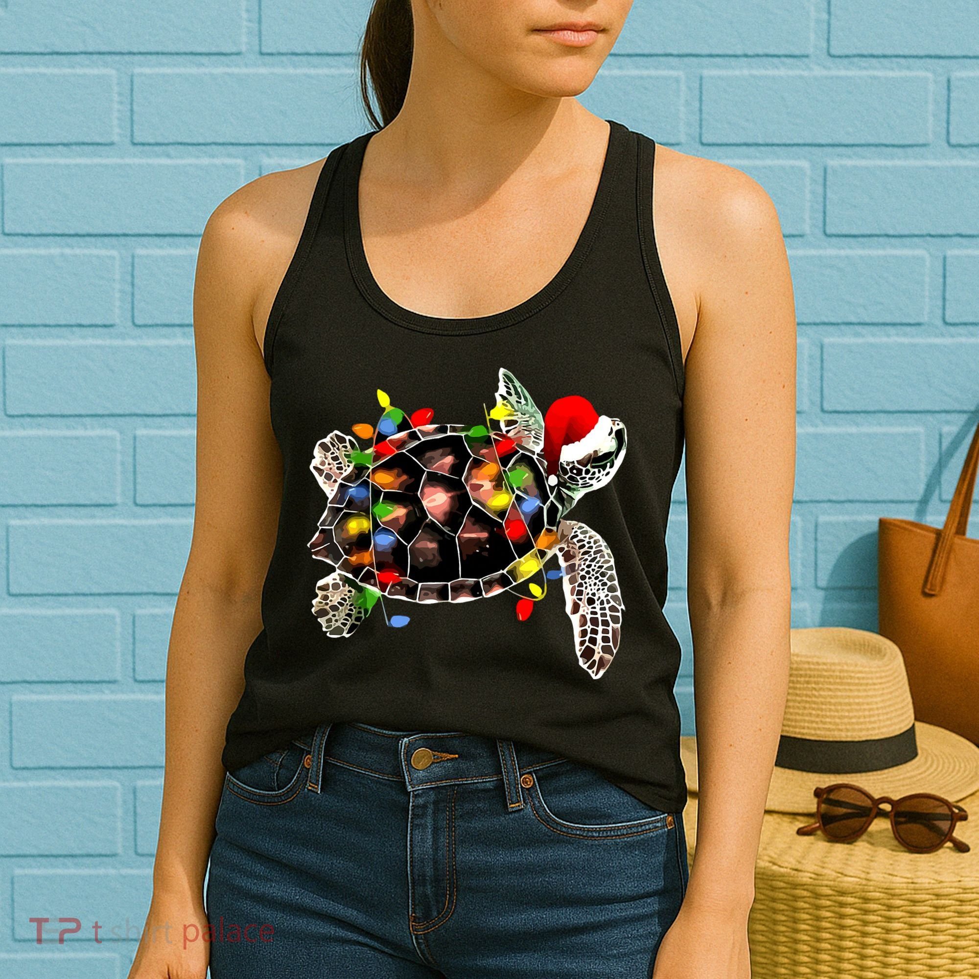 Sea Turtle Christmas Lights Funny Santa Hat Merry Christmas Women's Tank Top