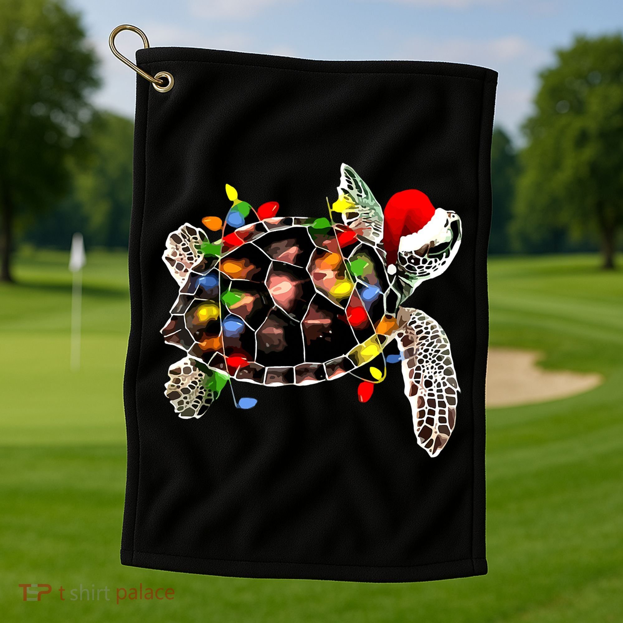 Sea Turtle Christmas Lights Funny Santa Hat Merry Christmas Golf Towel