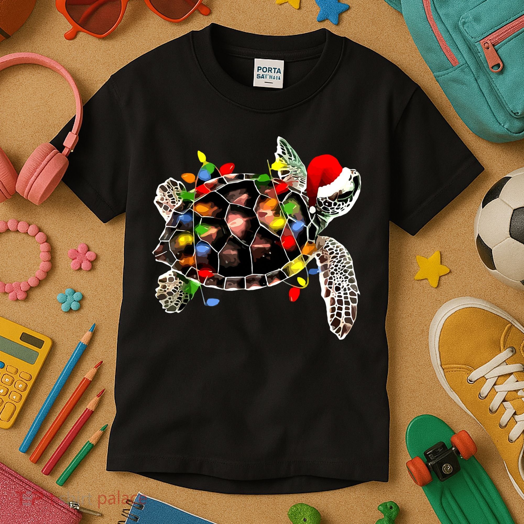 Sea Turtle Christmas Lights Funny Santa Hat Merry Christmas Kids T-Shirt
