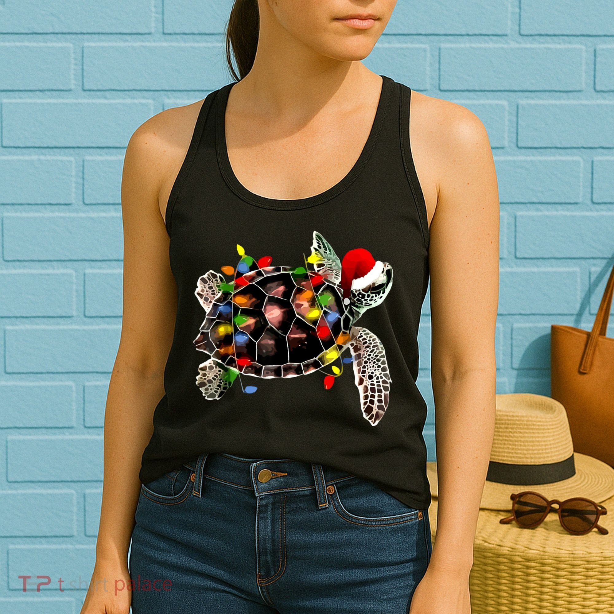 Sea Turtle Christmas Lights Funny Santa Hat Merry Christmas Women's Tank Top