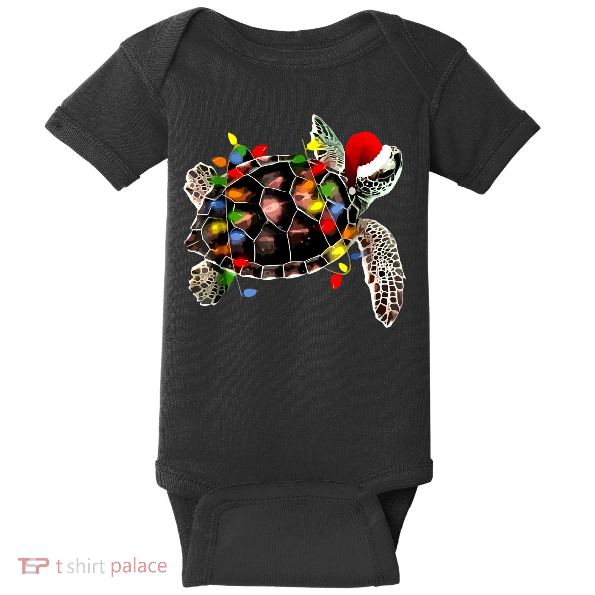 Sea Turtle Christmas Lights Funny Santa Hat Merry Christmas Baby Bodysuit