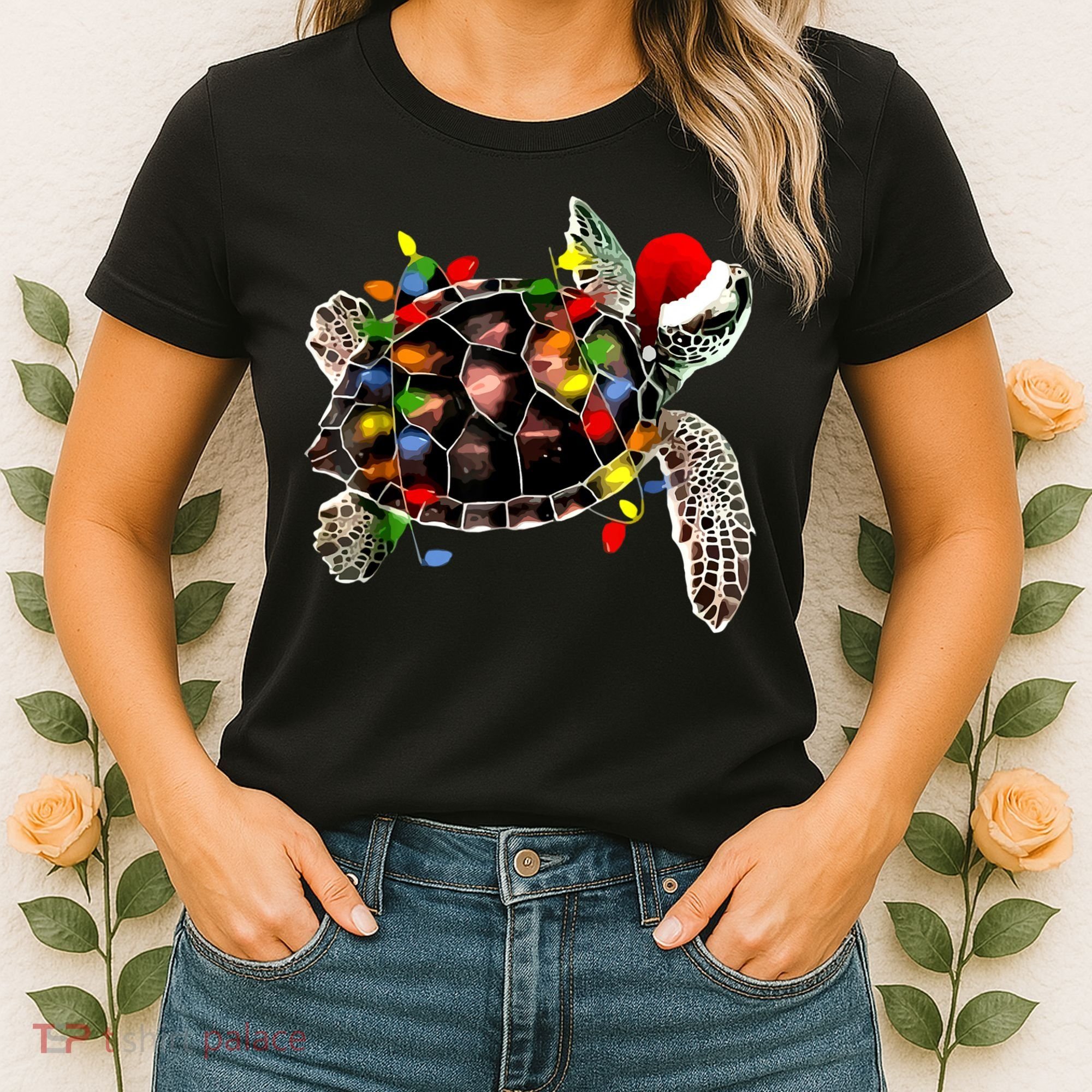 Sea Turtle Christmas Lights Funny Santa Hat Merry Christmas Women's T-Shirt