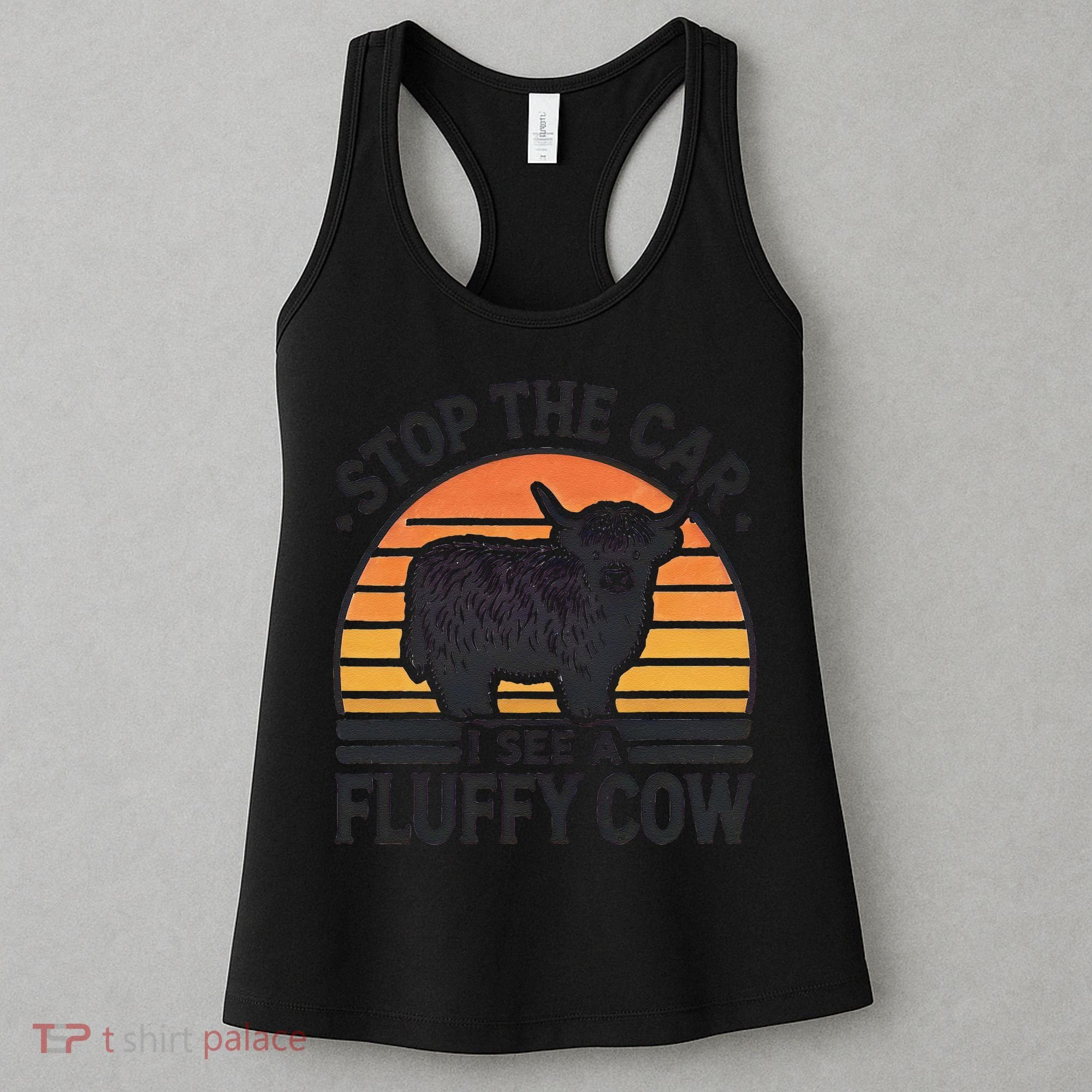 Stop The Car I See Fluffy Cow Retro Highland Cow Lover Funny Women's Tank Top