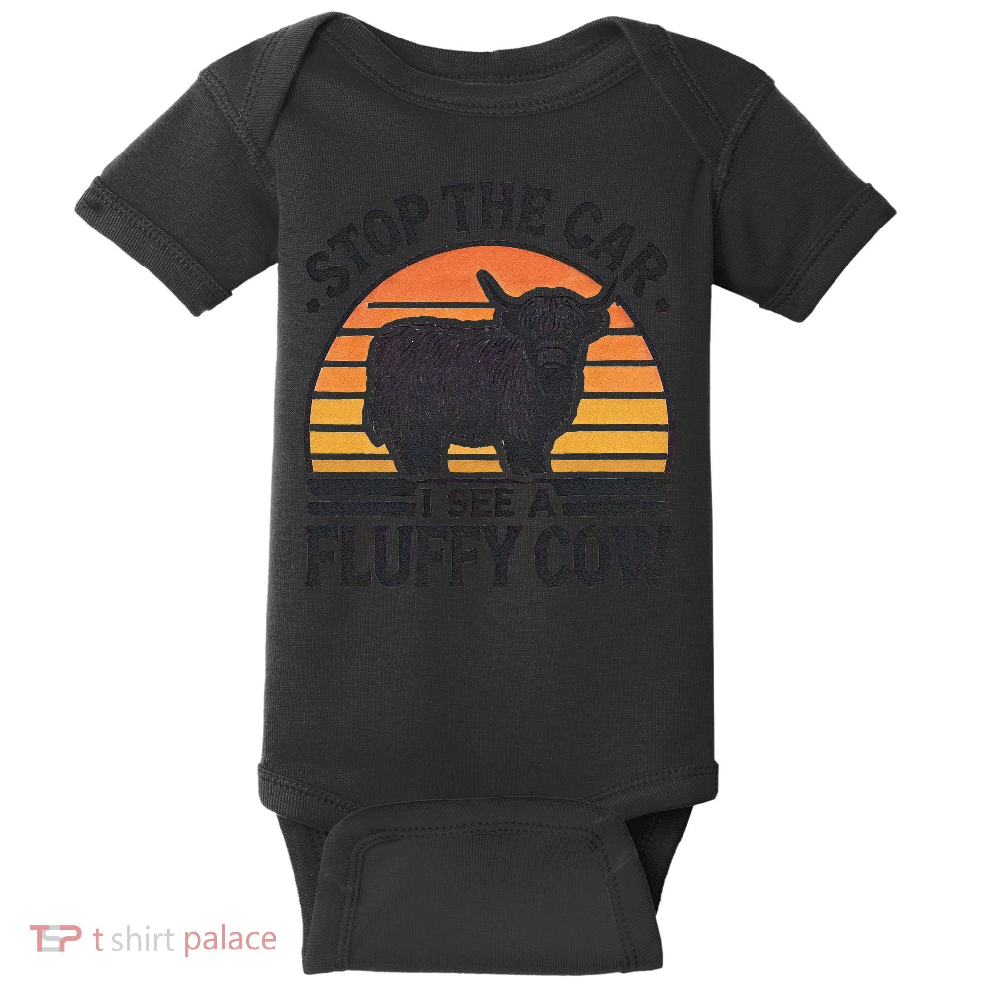 Stop The Car I See Fluffy Cow Retro Highland Cow Lover Funny Baby Bodysuit