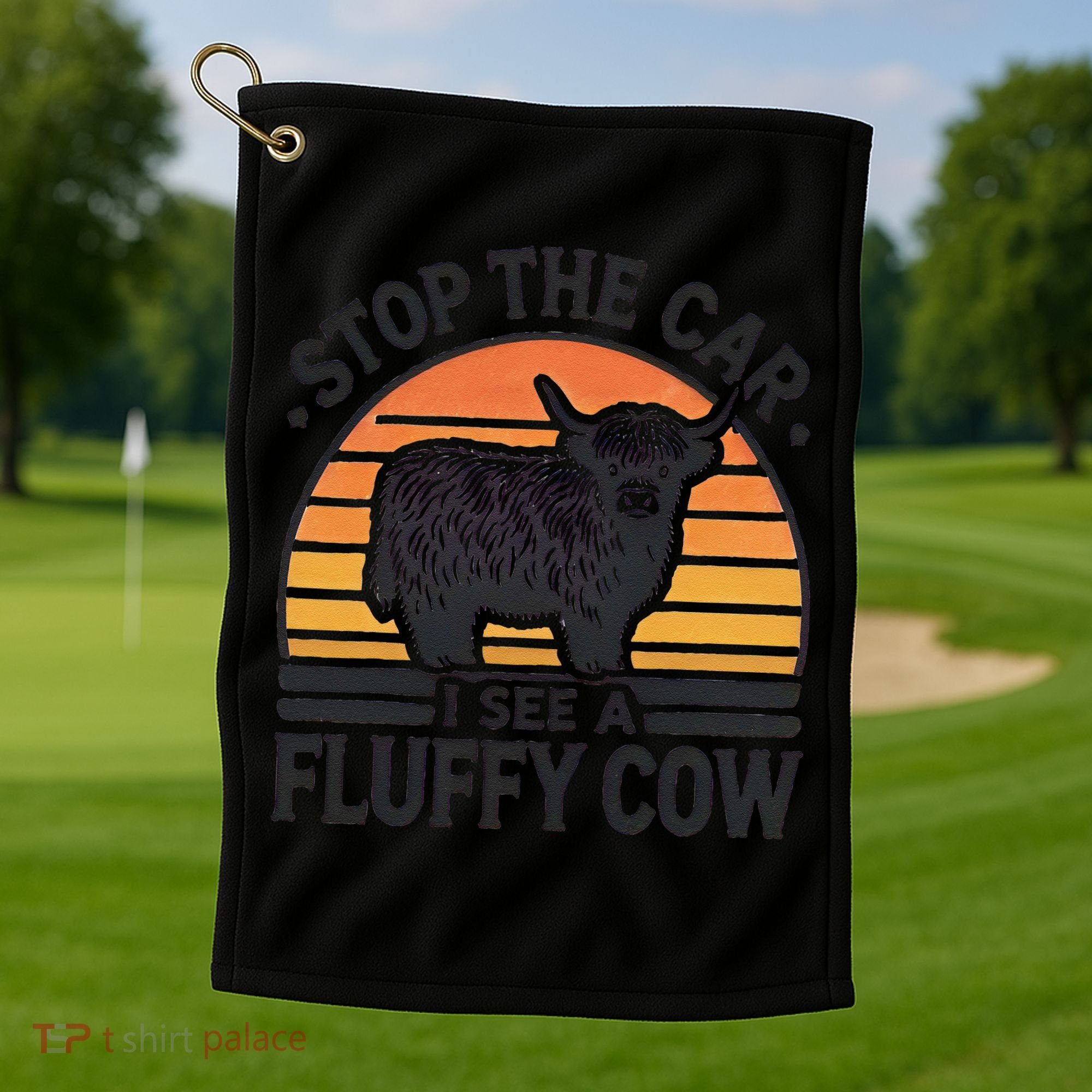 Stop The Car I See Fluffy Cow Retro Highland Cow Lover Funny Golf Towel