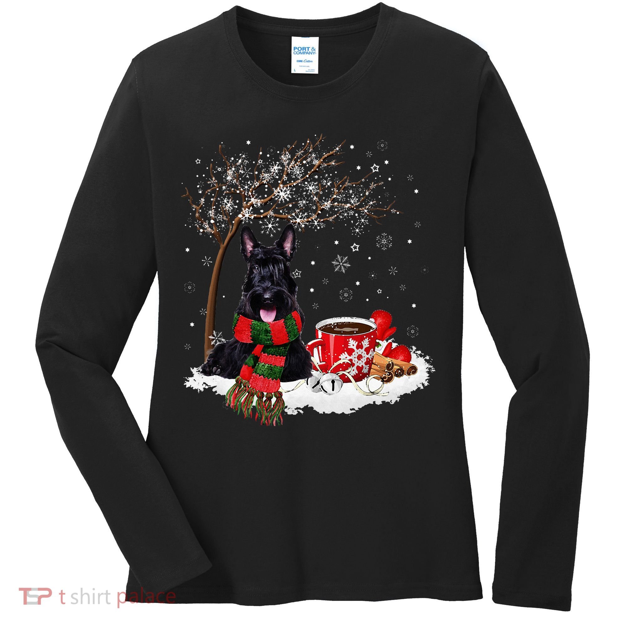 Scottish Terrier Dog In The Snow Christmas Winter Xmas Tree Women's Long Sleeve Shirt