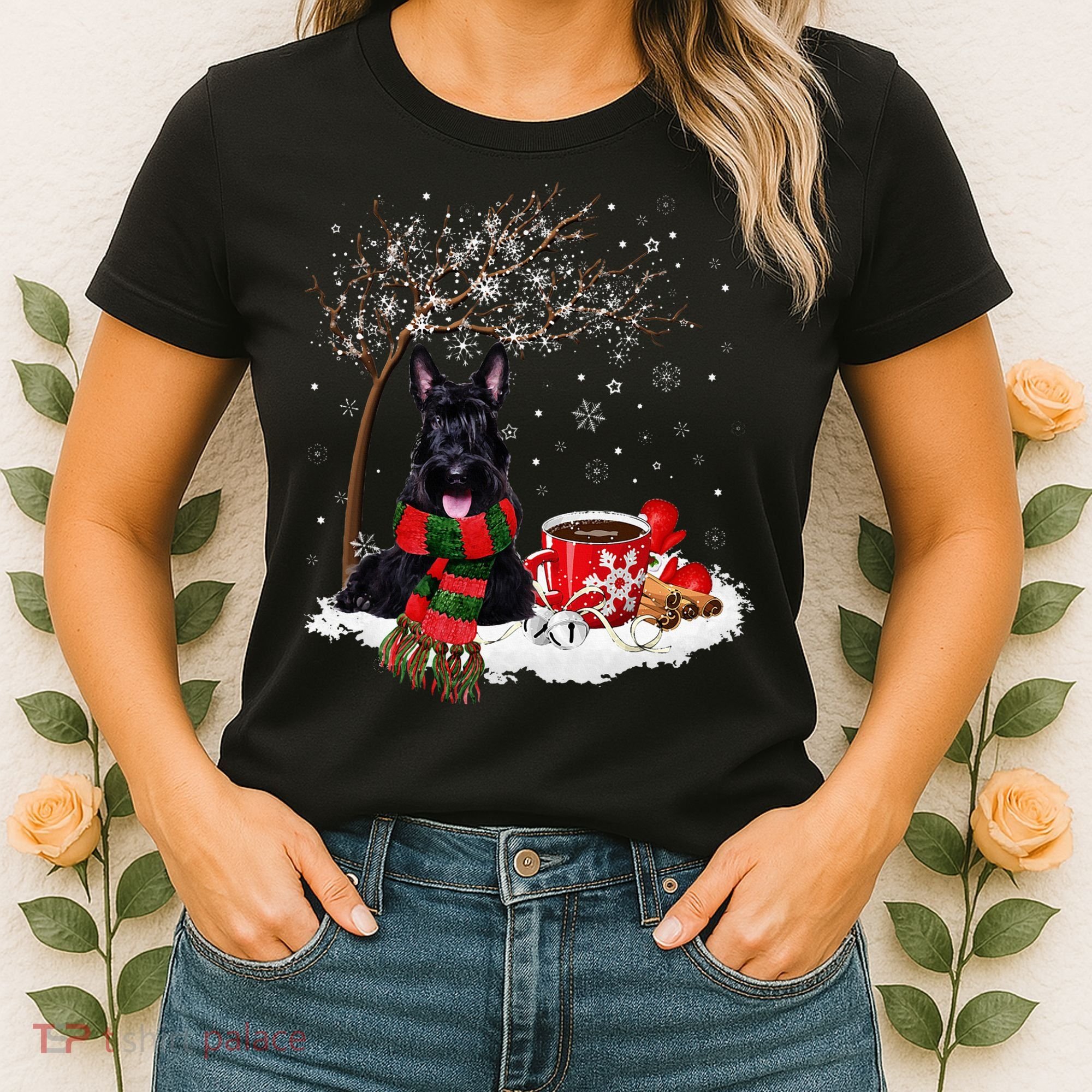 Scottish Terrier Dog In The Snow Christmas Winter Xmas Tree Women's T-Shirt
