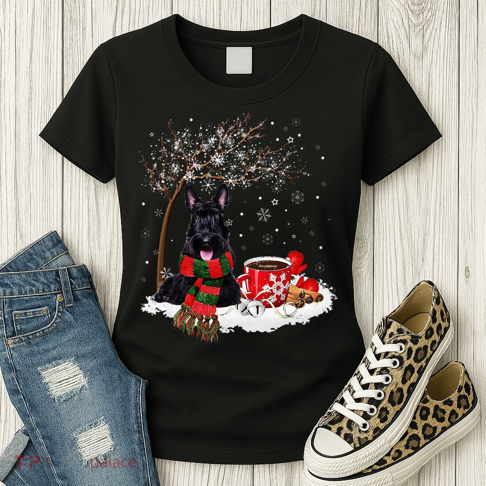 Scottish Terrier Dog In The Snow Christmas Winter Xmas Tree Women's T-Shirt