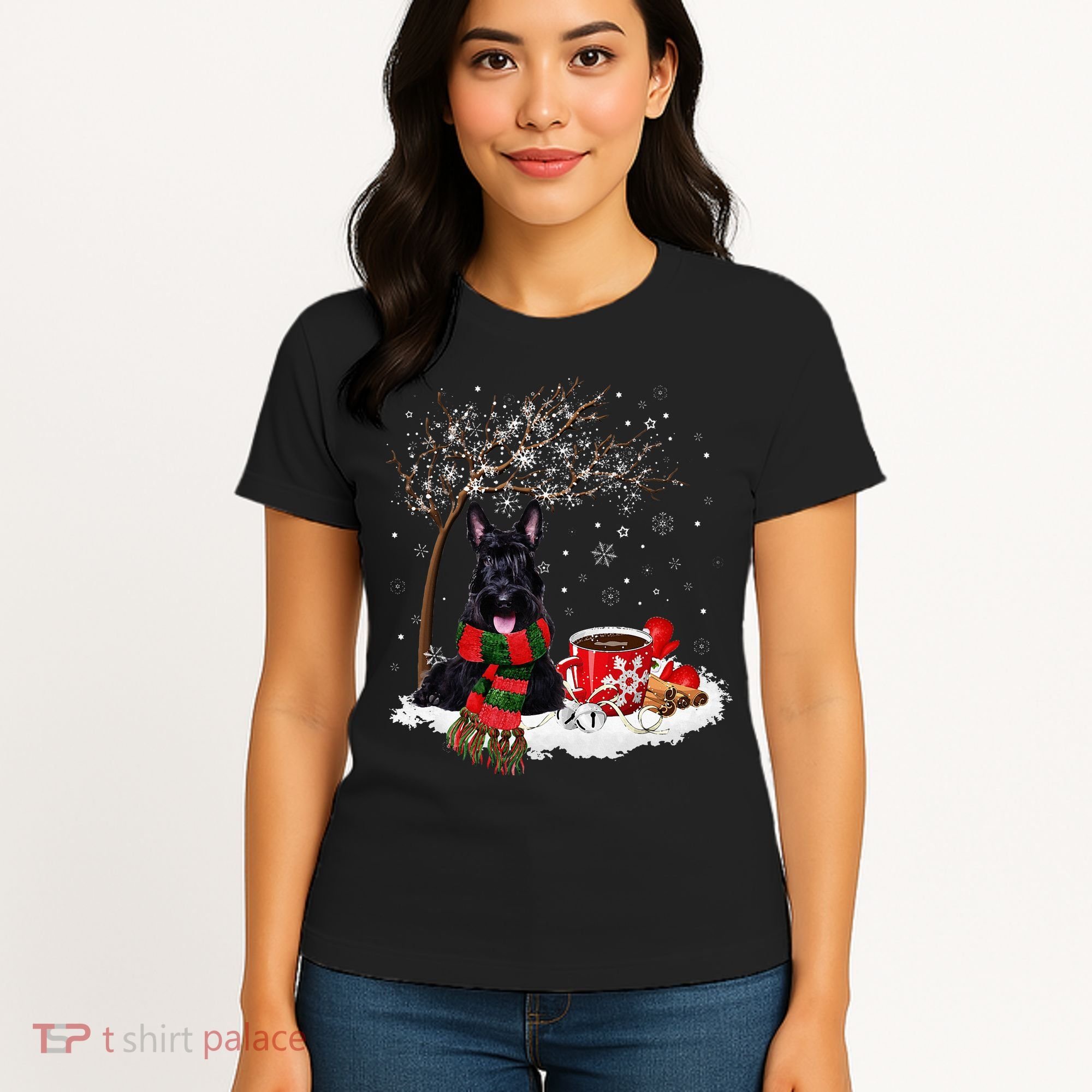 Scottish Terrier Dog In The Snow Christmas Winter Xmas Tree Women's T-Shirt