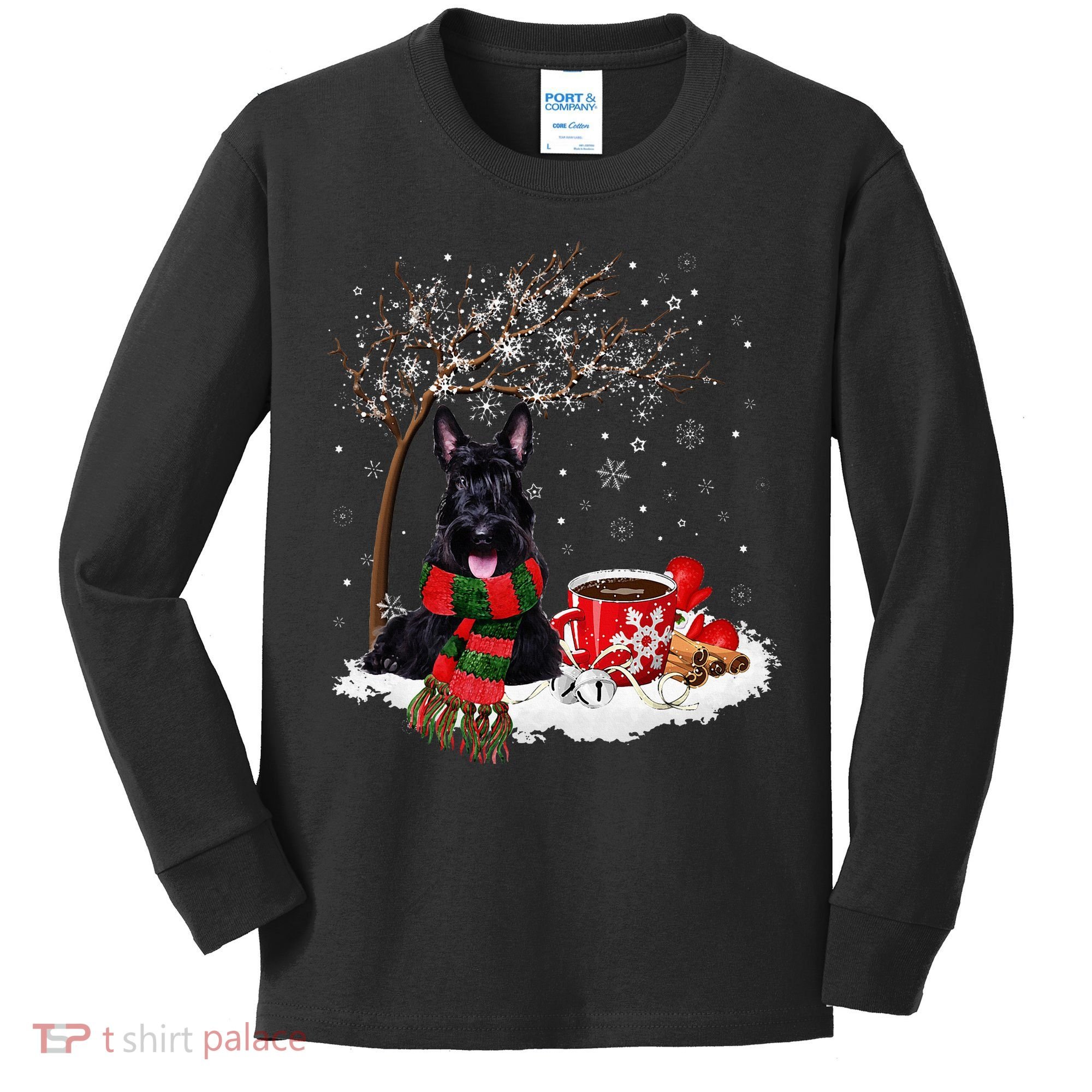Scottish Terrier Dog In The Snow Christmas Winter Xmas Tree Kids Long Sleeve Shirt
