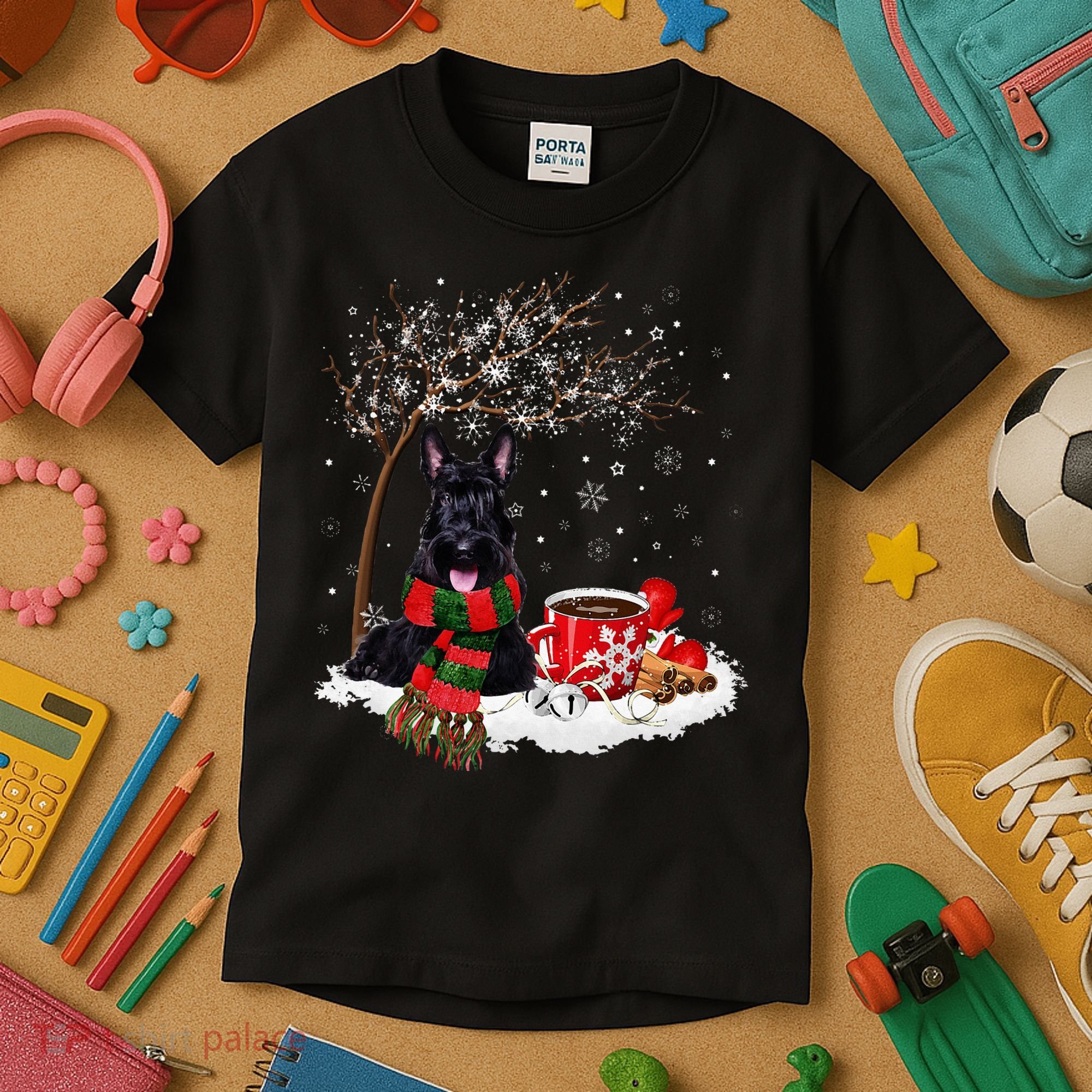 Scottish Terrier Dog In The Snow Christmas Winter Xmas Tree Kids T-Shirt