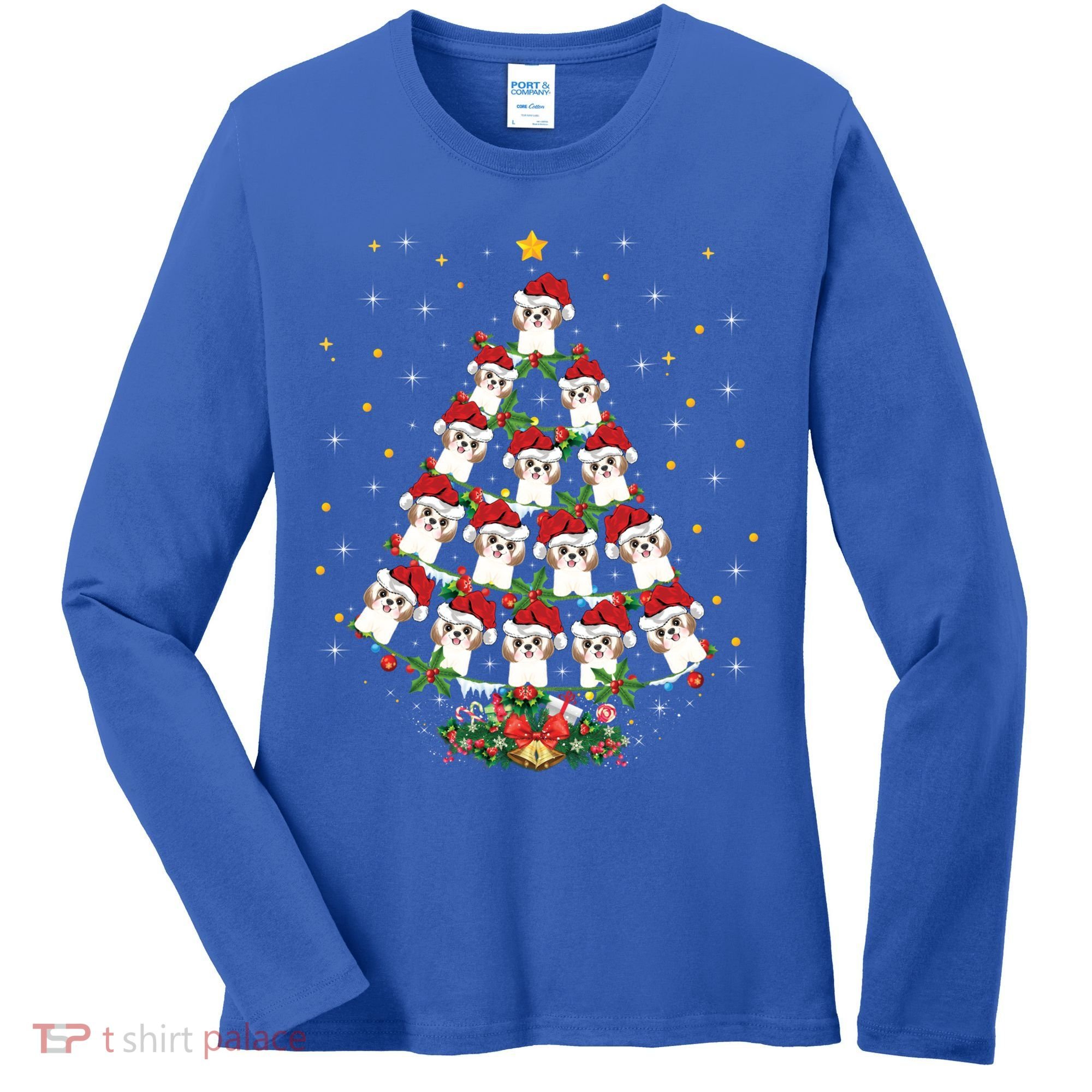 Shih Tzu Dog Lover Xmas Santa Hat Shih Tzu Christmas Tree Cool Gift Women's Long Sleeve Shirt