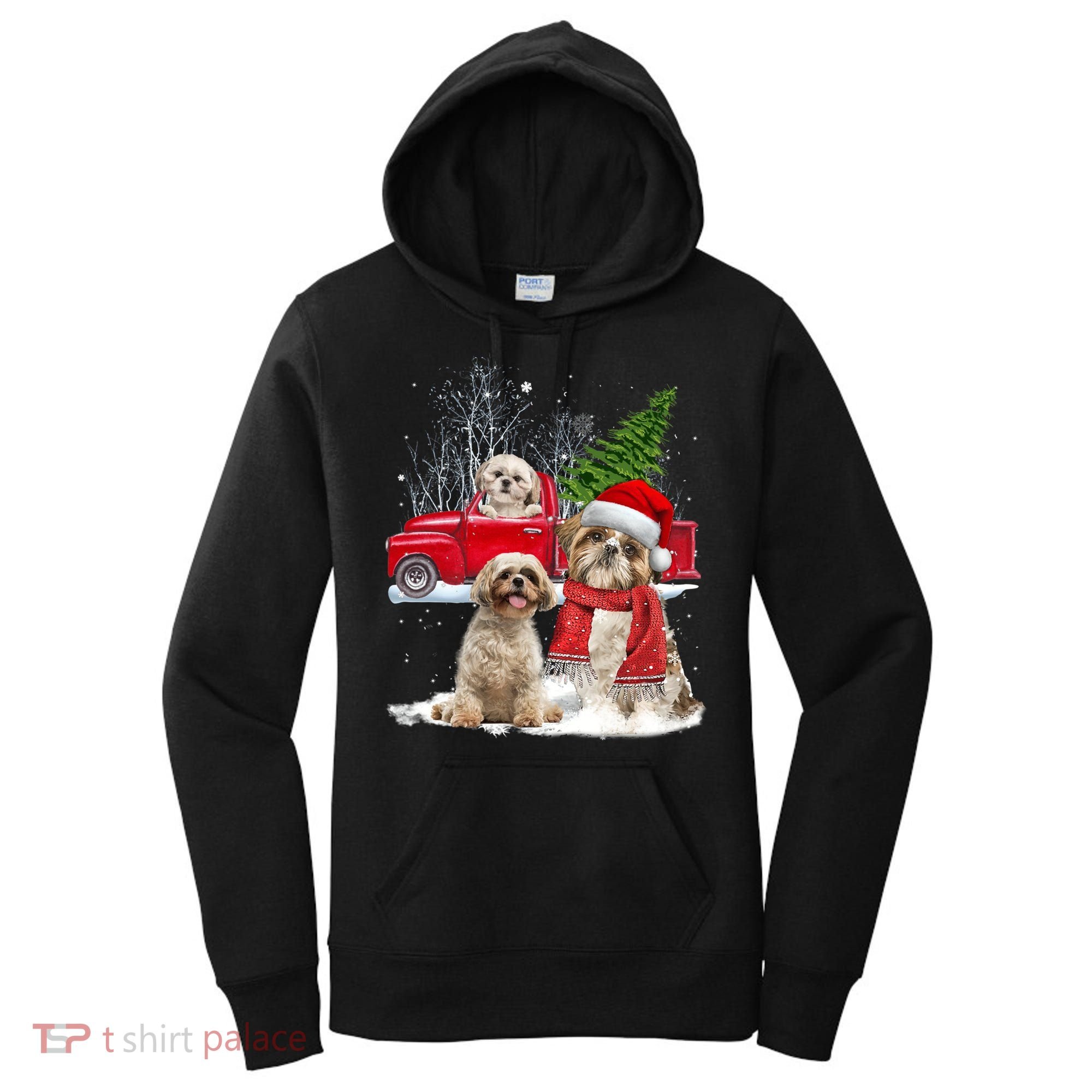 Shih Tzu Dog Riding Red Truck Christmas Tree Xmas Gift Women's Hoodie