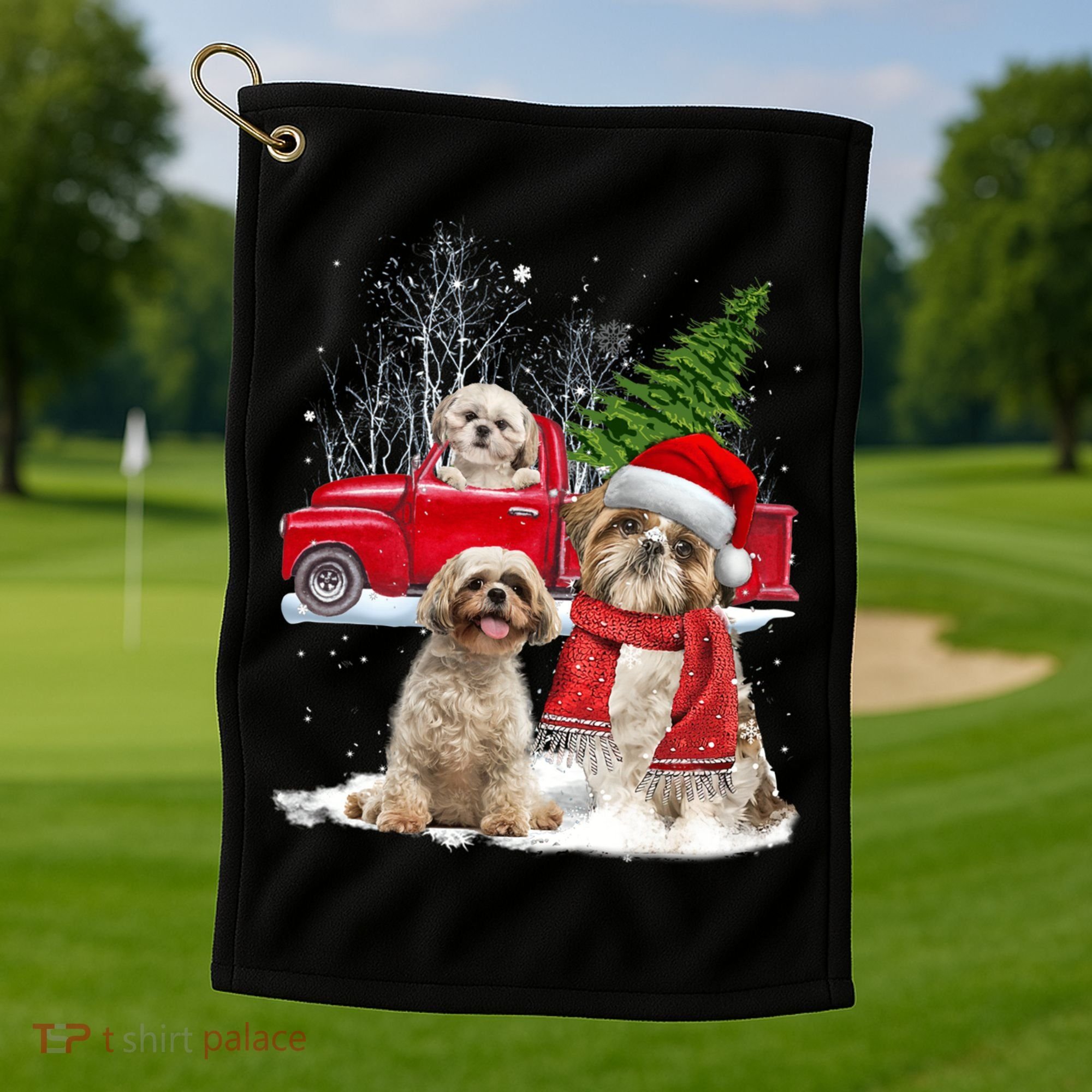 Shih Tzu Dog Riding Red Truck Christmas Tree Xmas Gift Golf Towel