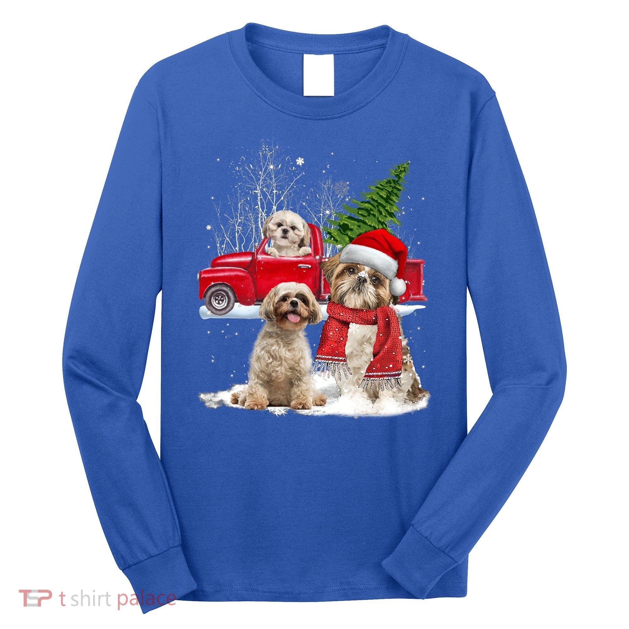 Shih Tzu Dog Riding Red Truck Christmas Tree Xmas Gift Long Sleeve Shirt