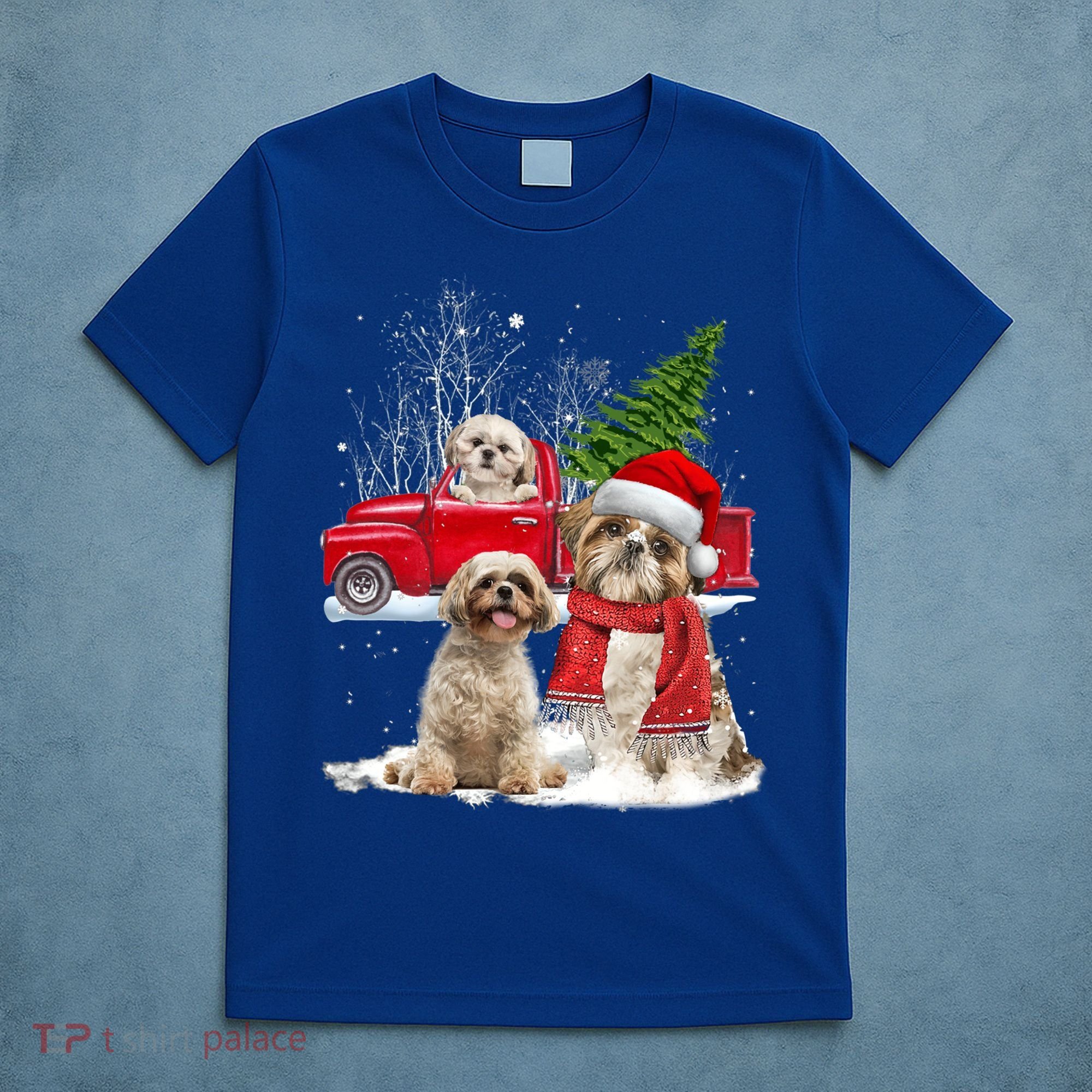 Shih Tzu Dog Riding Red Truck Christmas Tree Xmas Gift T-Shirt