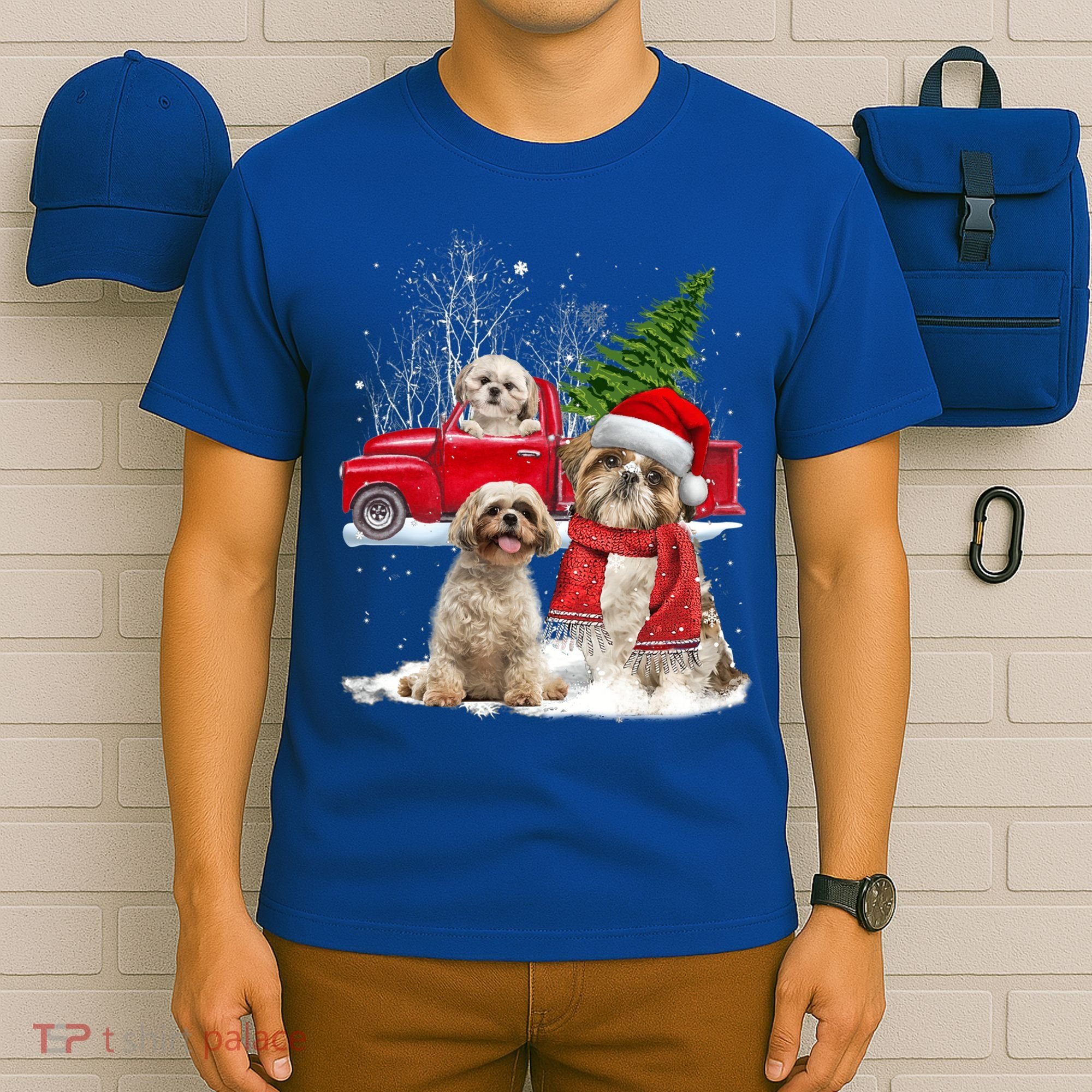 Shih Tzu Dog Riding Red Truck Christmas Tree Xmas Gift T-Shirt