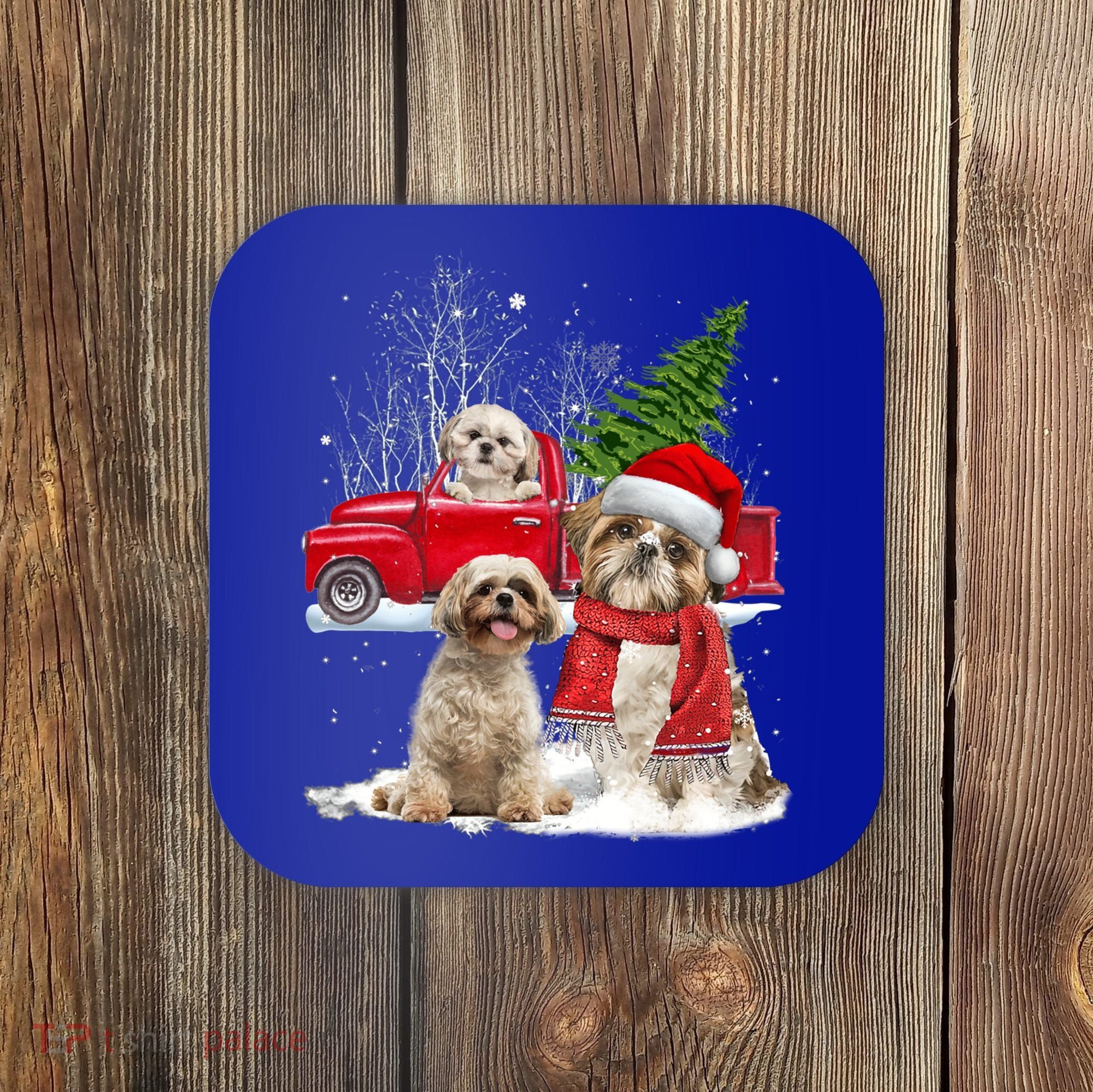 Shih Tzu Dog Riding Red Truck Christmas Tree Xmas Gift Coaster