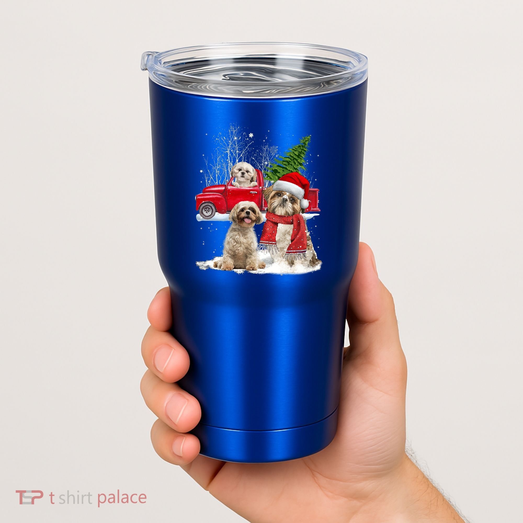 Shih Tzu Dog Riding Red Truck Christmas Tree Xmas Gift Tumbler