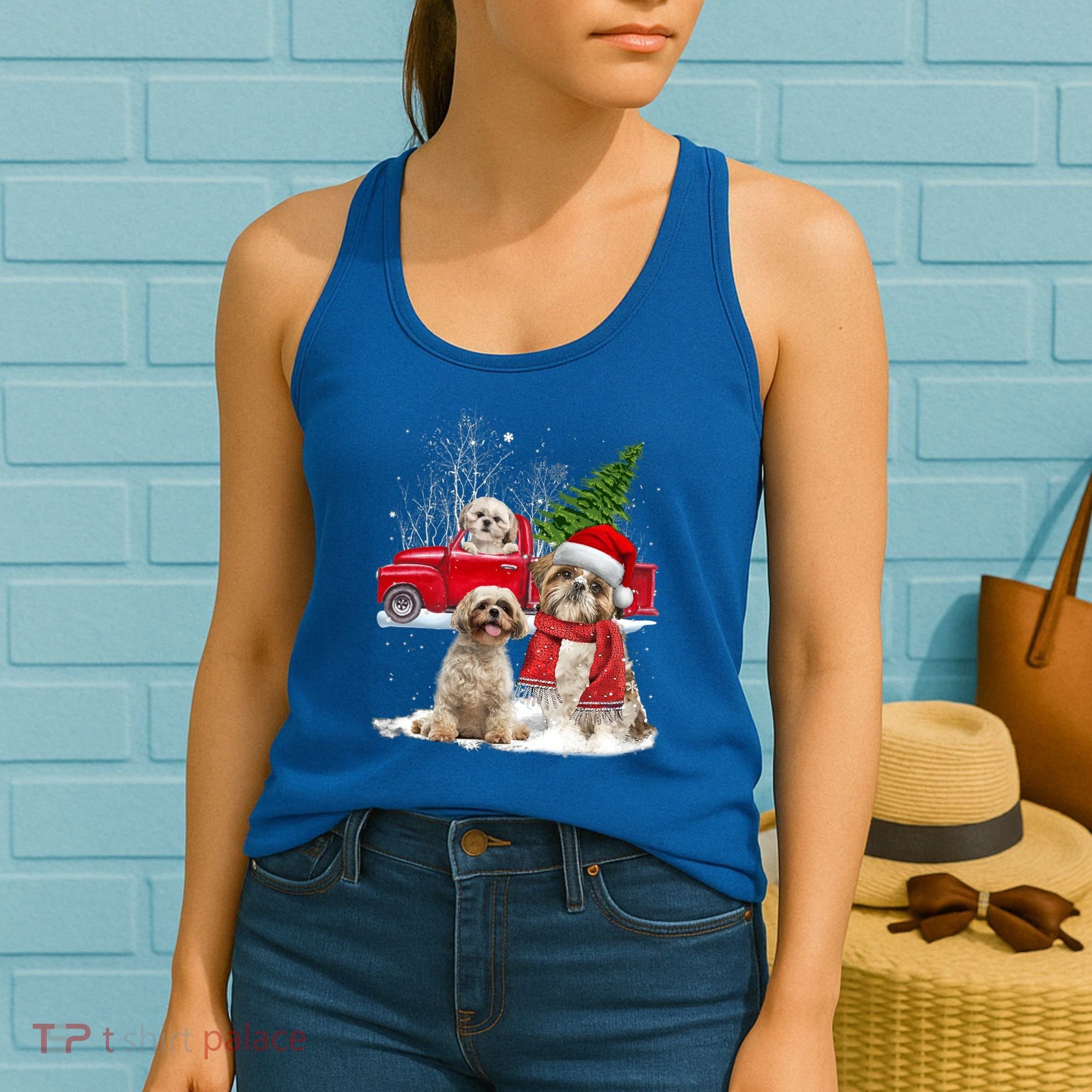 Shih Tzu Dog Riding Red Truck Christmas Tree Xmas Gift Women's Tank Top