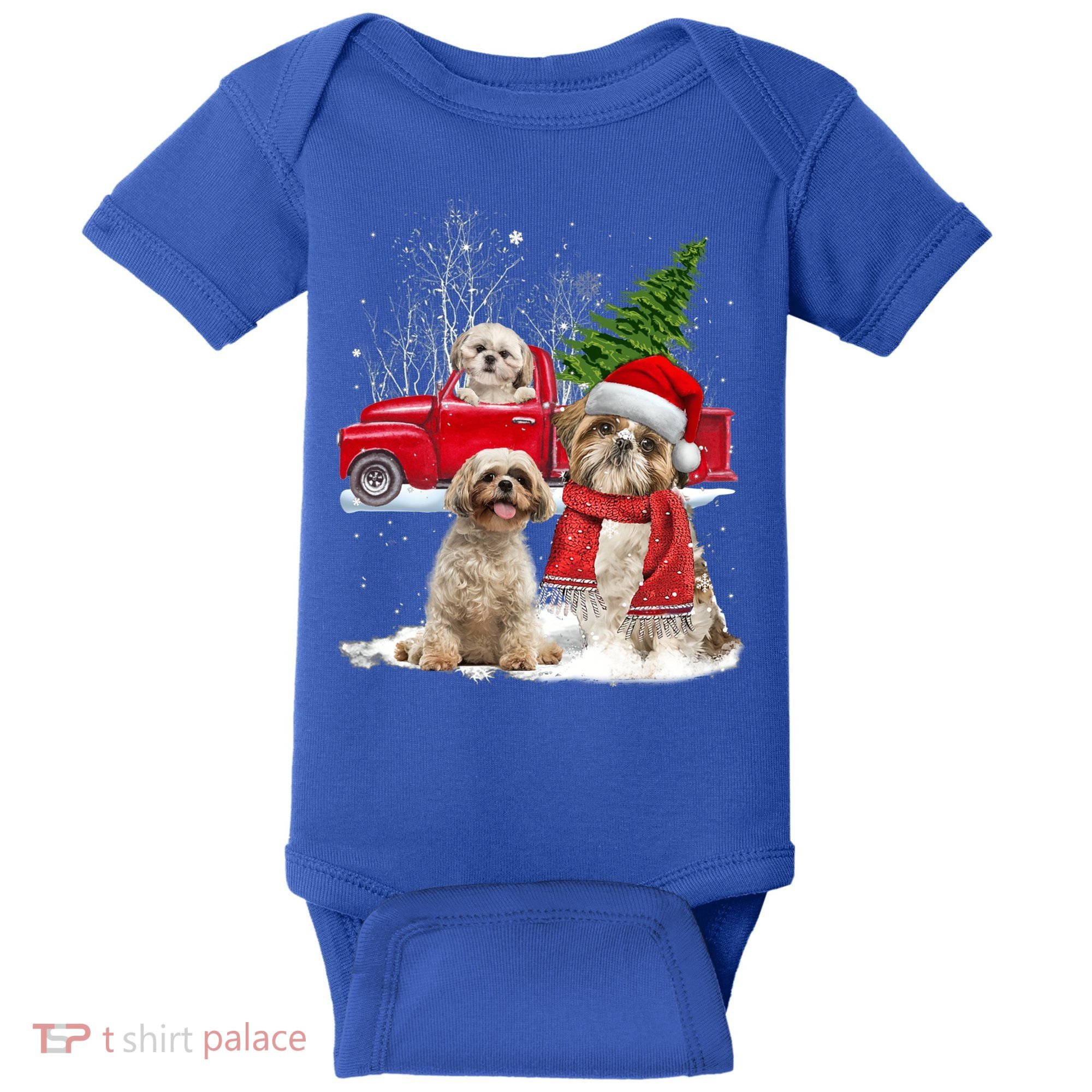 Shih Tzu Dog Riding Red Truck Christmas Tree Xmas Gift Baby Bodysuit