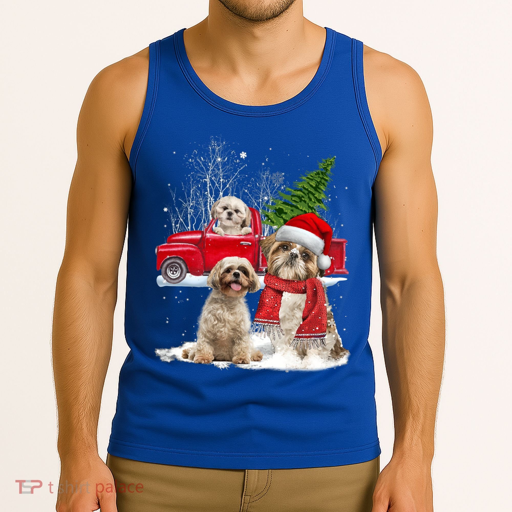Shih Tzu Dog Riding Red Truck Christmas Tree Xmas Gift Tank Top
