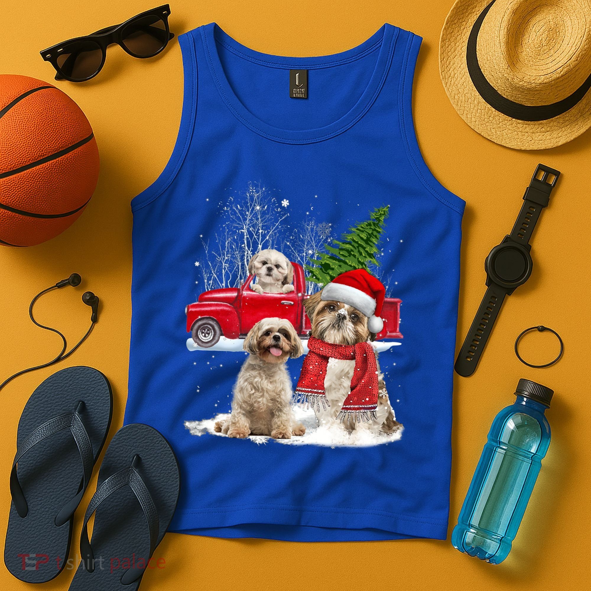 Shih Tzu Dog Riding Red Truck Christmas Tree Xmas Gift Tank Top