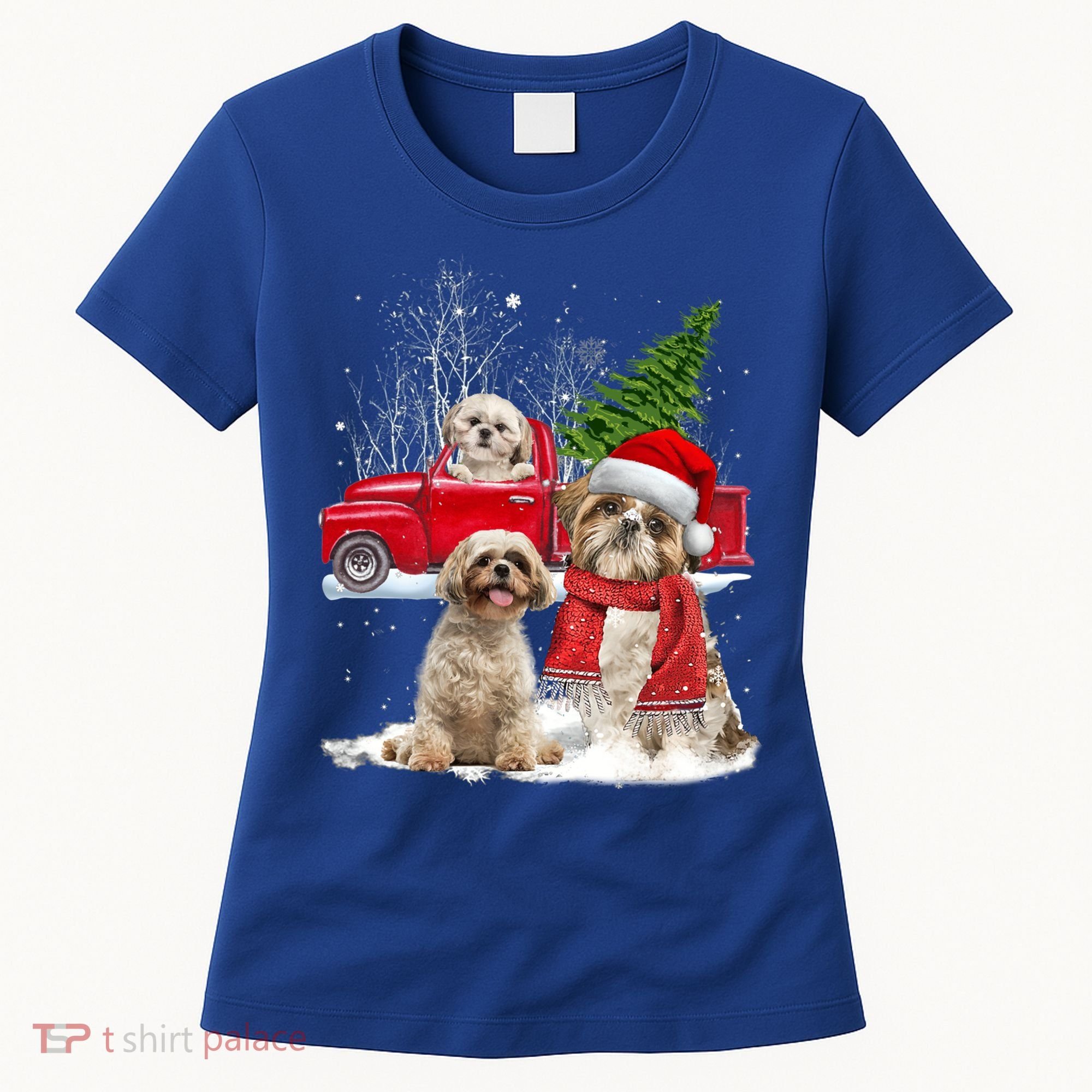 Shih Tzu Dog Riding Red Truck Christmas Tree Xmas Gift Women's T-Shirt
