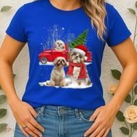 Shih Tzu Dog Riding Red Truck Christmas Tree Xmas Gift Women's T-Shirt thumb 2
