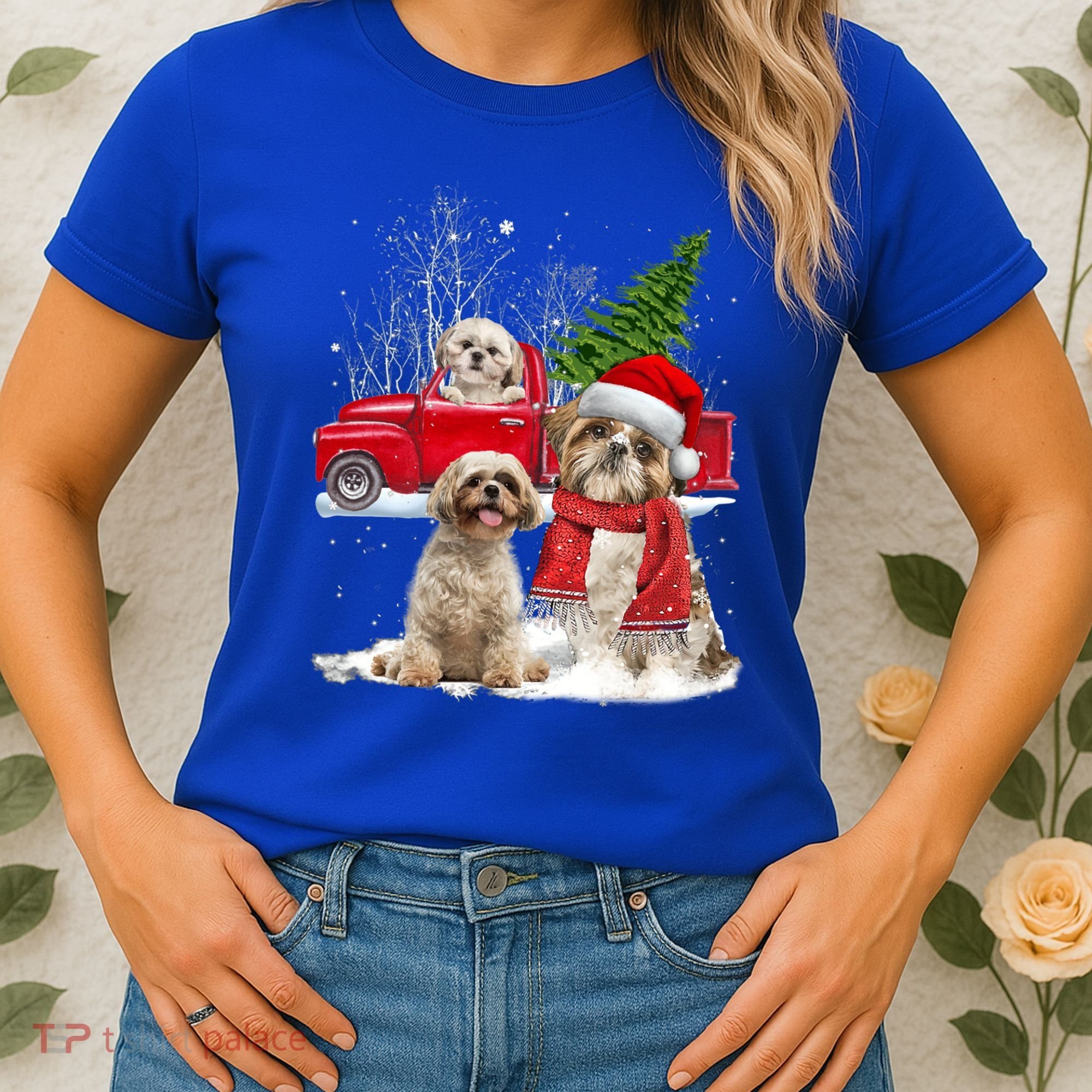 Shih Tzu Dog Riding Red Truck Christmas Tree Xmas Gift Women's T-Shirt