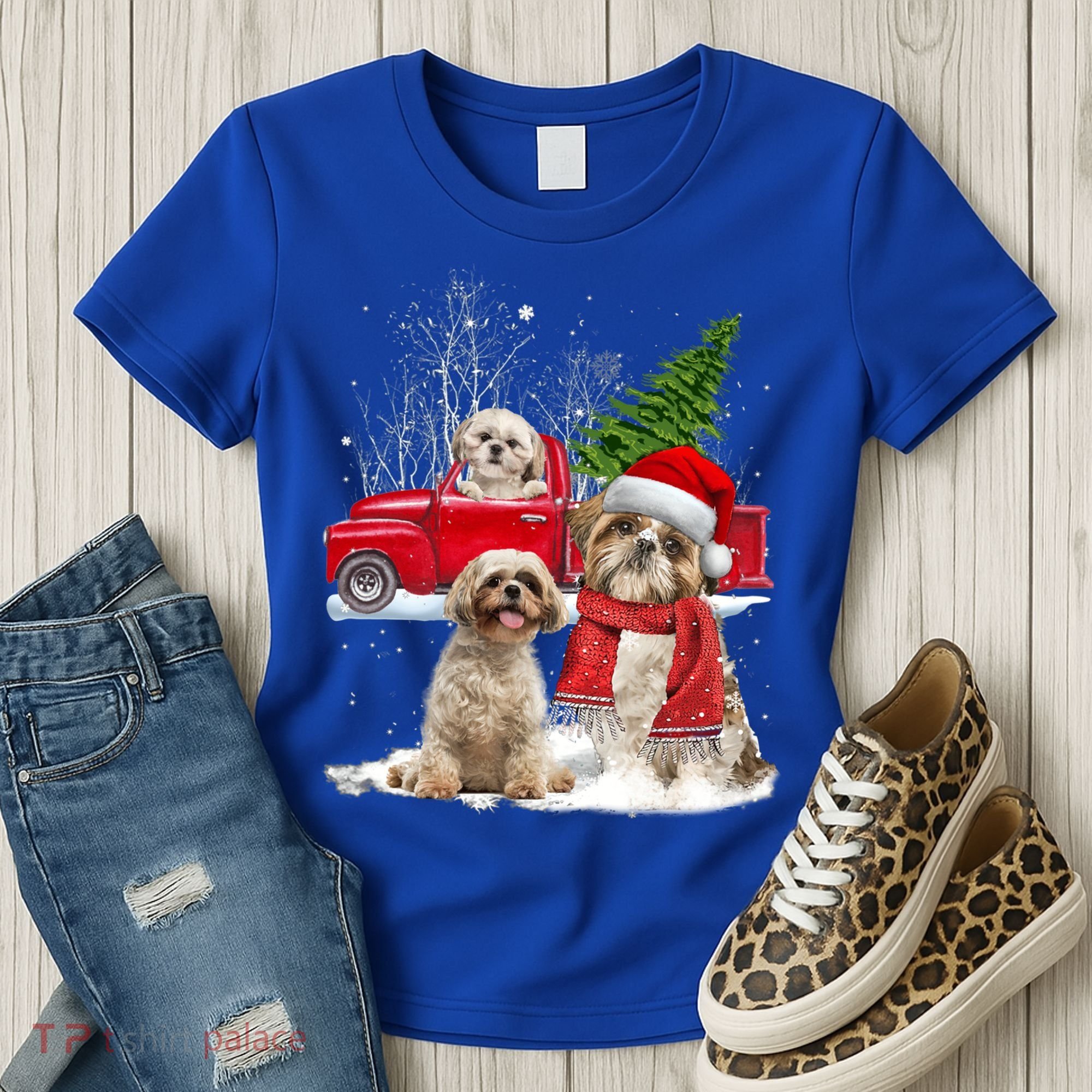 Shih Tzu Dog Riding Red Truck Christmas Tree Xmas Gift Women's T-Shirt