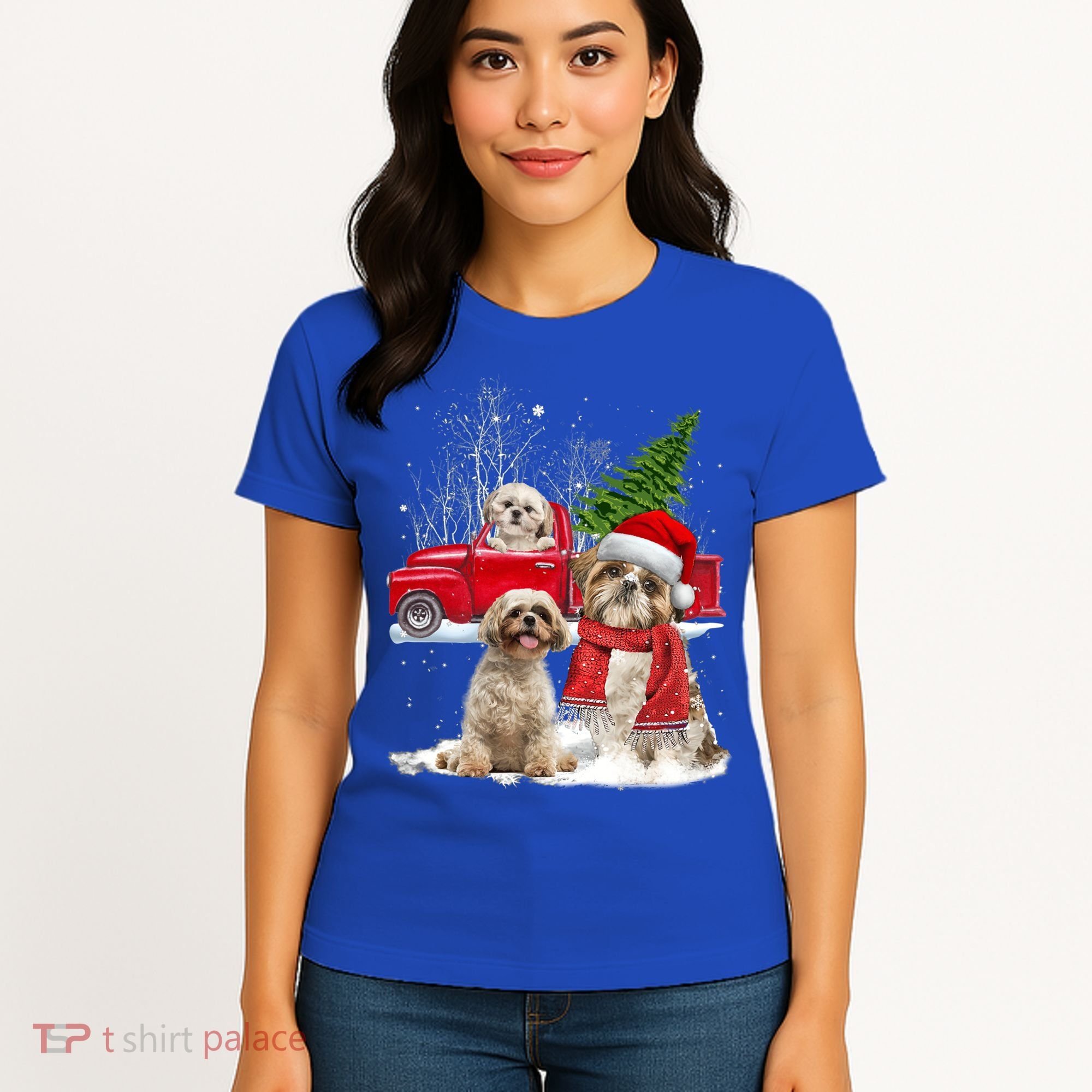 Shih Tzu Dog Riding Red Truck Christmas Tree Xmas Gift Women's T-Shirt